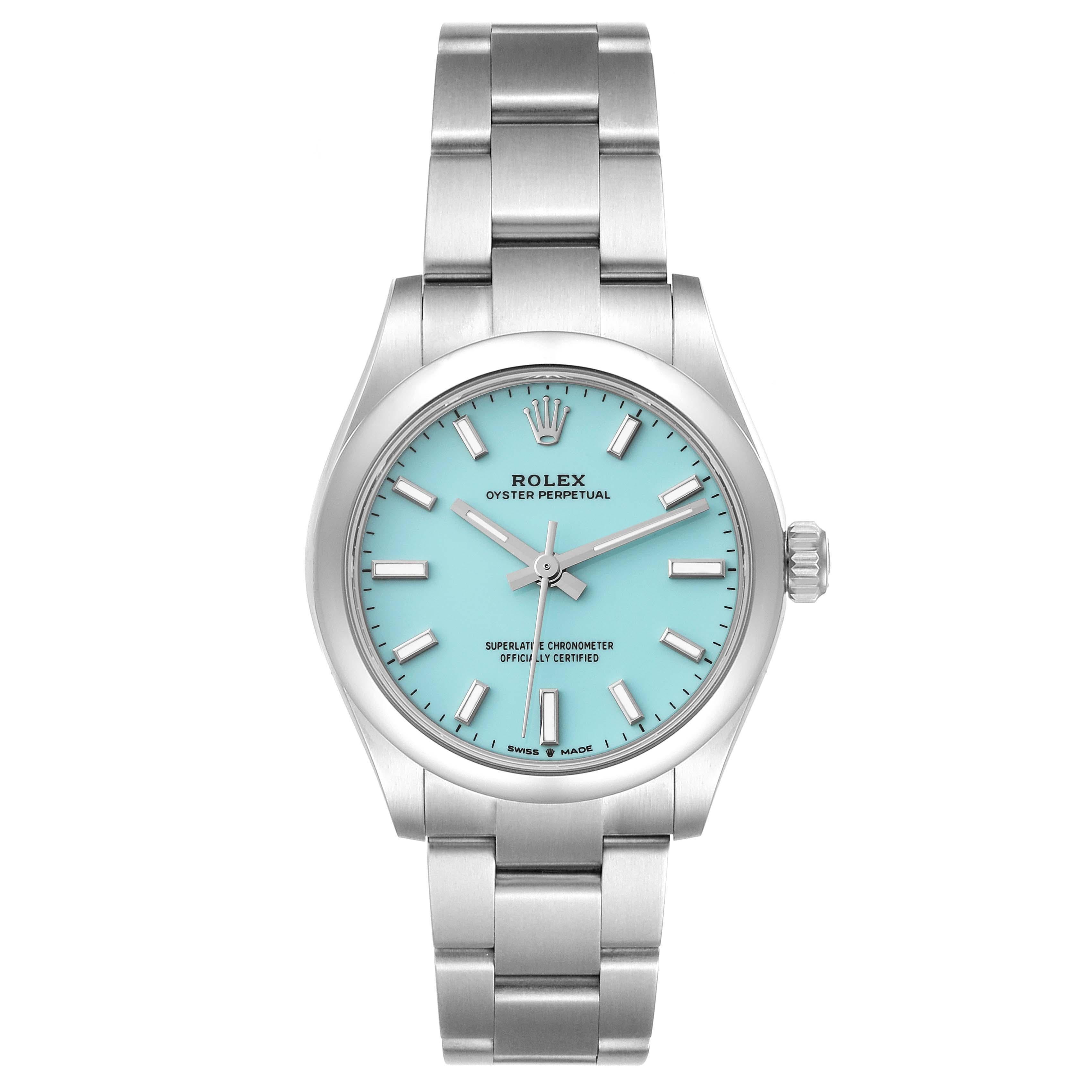 Rolex Oyster Perpetual Midsize Turquoise Dial Steel Ladies Watch 277200 Box Card. Automatic self-winding movement. Stainless steel oyster case 31.0 mm in diameter. Rolex logo on a crown. Stainless steel smooth bezel. Scratch resistant sapphire