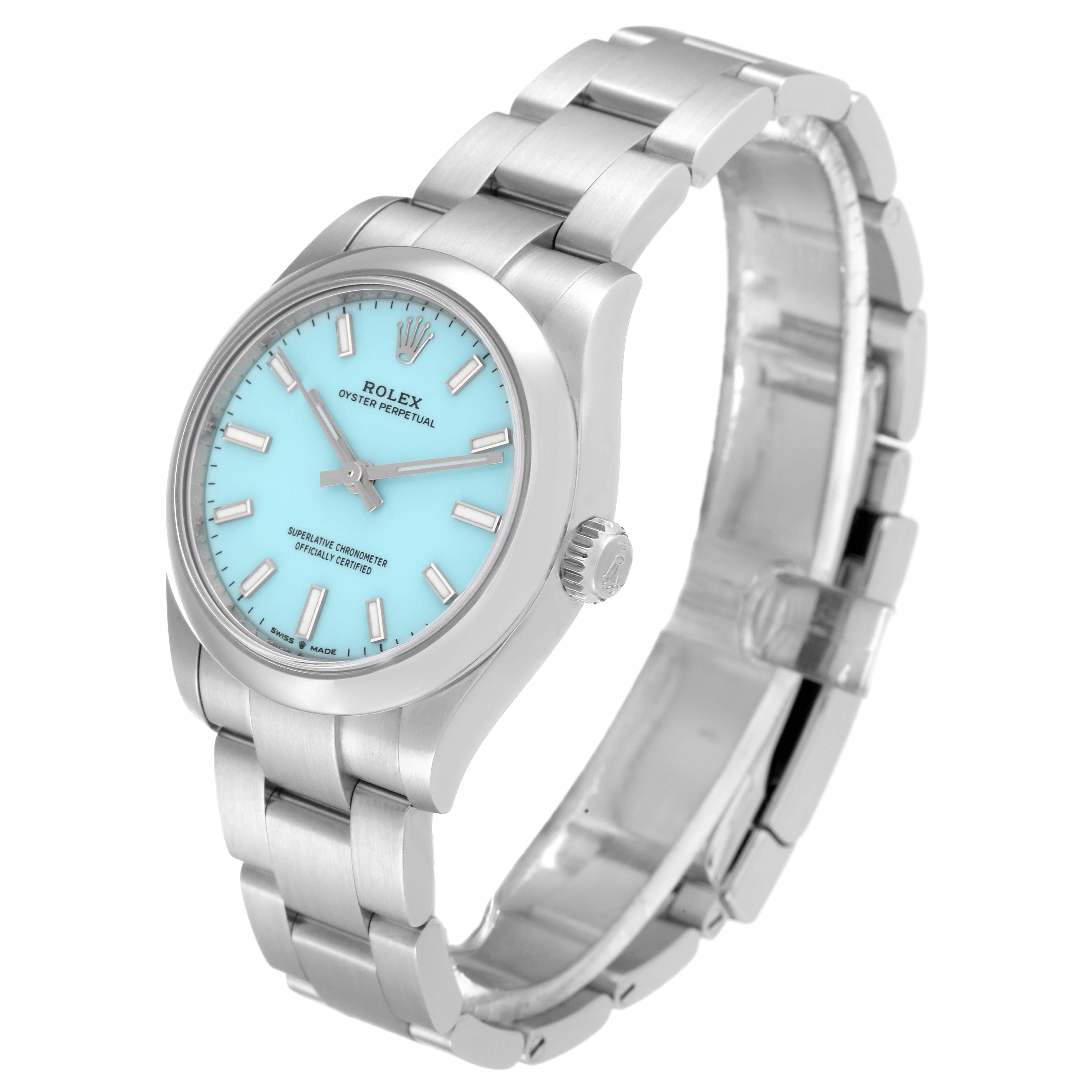 Women's Rolex Oyster Perpetual Midsize Turquoise Dial Steel Ladies Watch 277200 Box Card