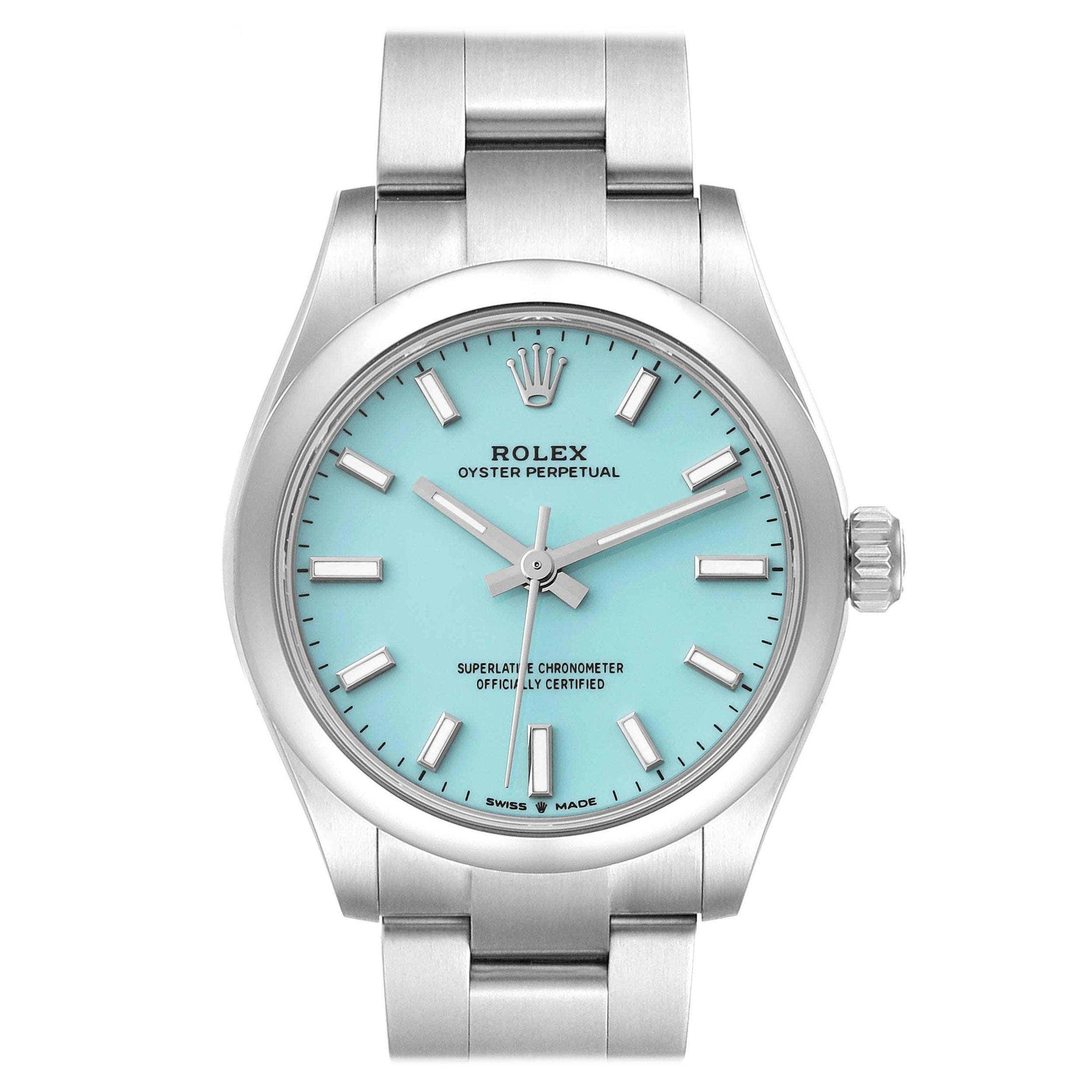 Rolex Oyster Perpetual Midsize Turquoise Dial Steel Ladies Watch 277200 Box Card