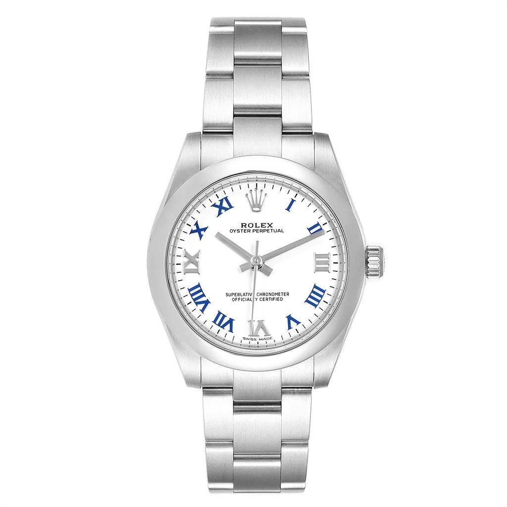 Rolex Oyster Perpetual Midsize White Dial Ladies Watch 177200 Box Card. Officially certified chronometer self-winding movement. Stainless steel oyster case 31.0 mm in diameter. Rolex logo on a crown. Stainless steel smooth domed bezel. Scratch