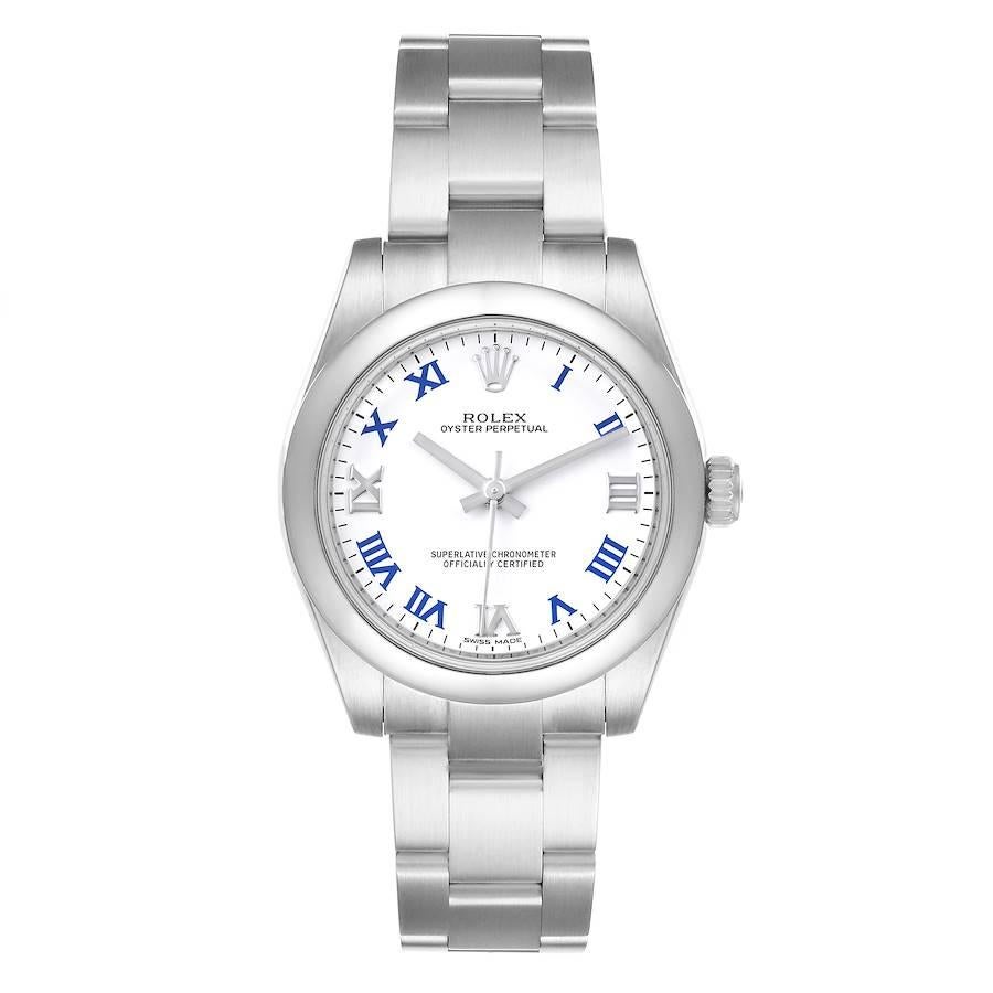 Rolex Oyster Perpetual Midsize White Dial Ladies Watch 177200. Officially certified chronometer self-winding movement. Stainless steel oyster case 31.0 mm in diameter. Rolex logo on a crown. Stainless steel smooth domed bezel. Scratch resistant