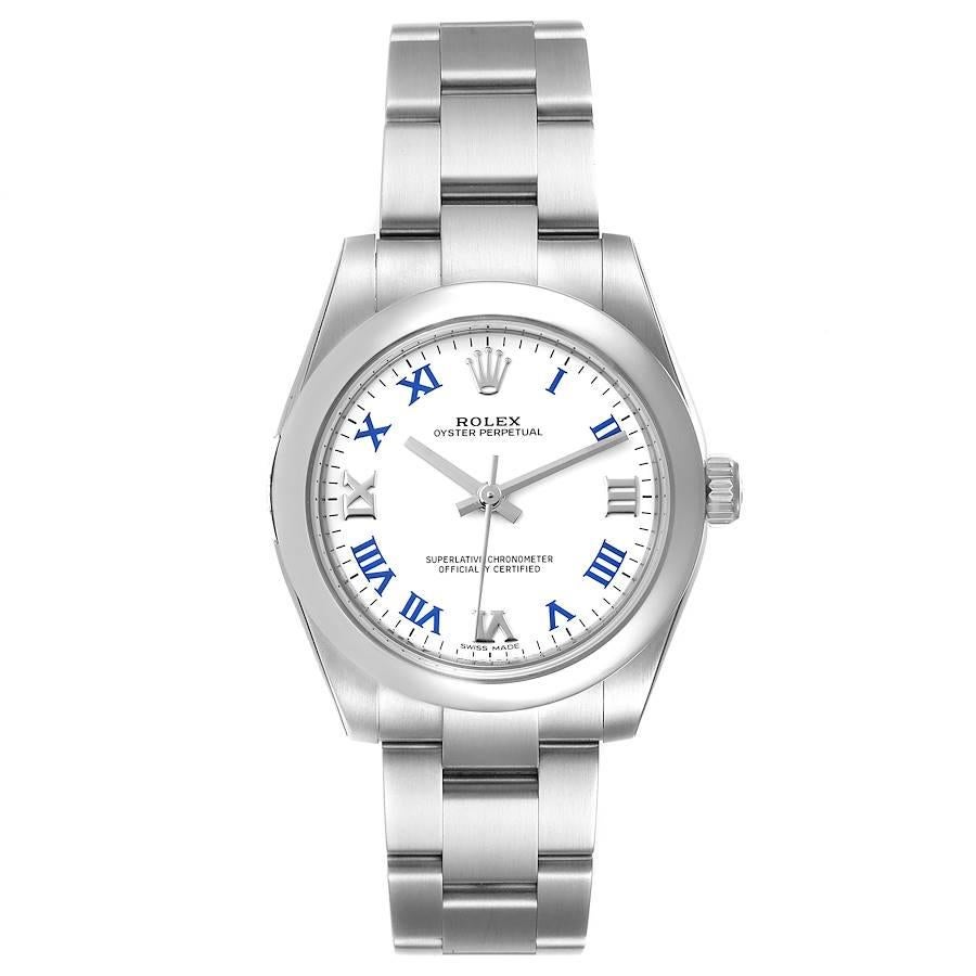Rolex Oyster Perpetual Midsize White Dial Ladies Watch 177200 Unworn. Officially certified chronometer self-winding movement. Stainless steel oyster case 31.0 mm in diameter. Rolex logo on a crown. Stainless steel smooth domed bezel. Scratch
