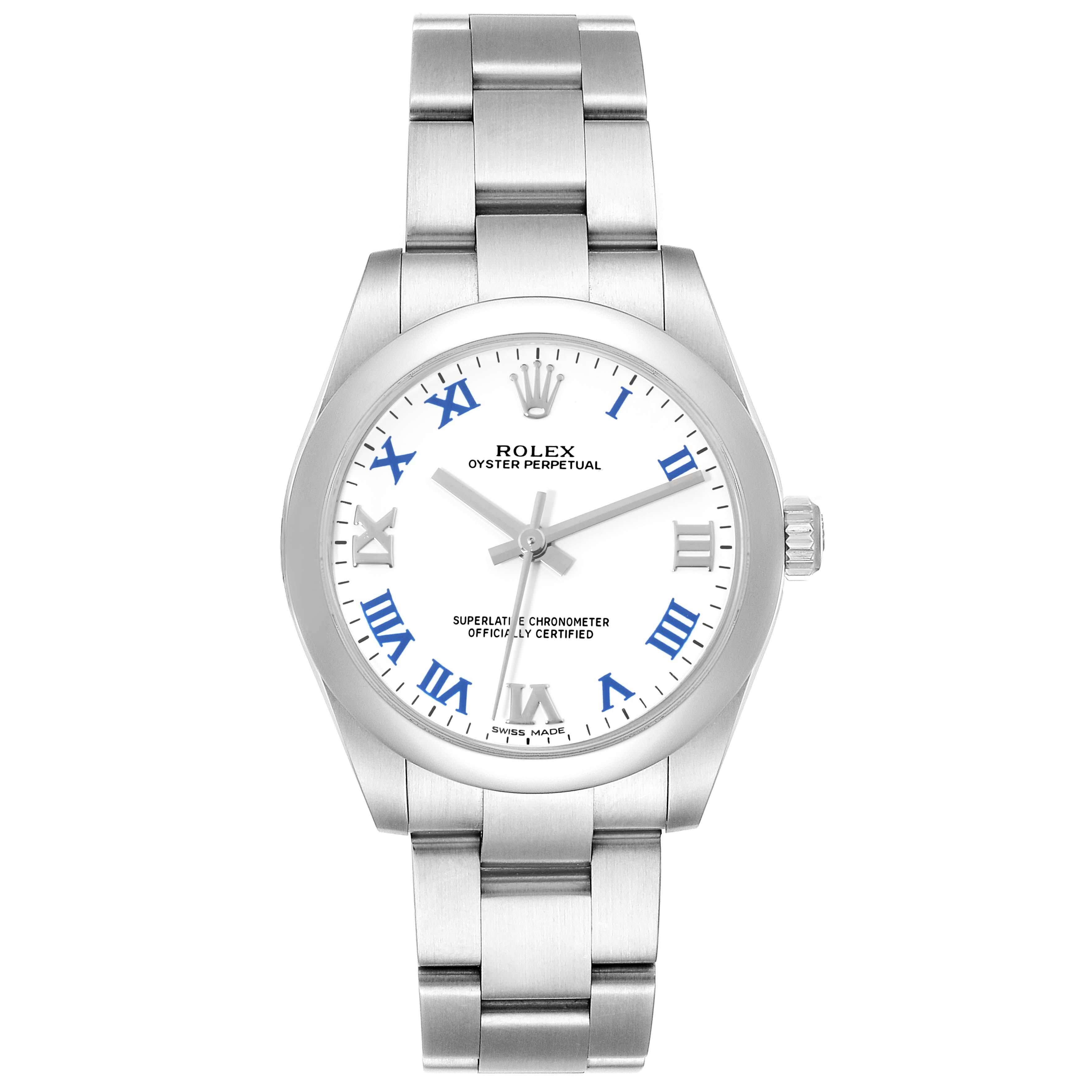 Rolex Oyster Perpetual Midsize White Dial Steel Ladies Watch 177200 Box Card. Officially certified chronometer automatic self-winding movement. Stainless steel oyster case 31.0 mm in diameter. Rolex logo on the crown. Stainless steel smooth domed
