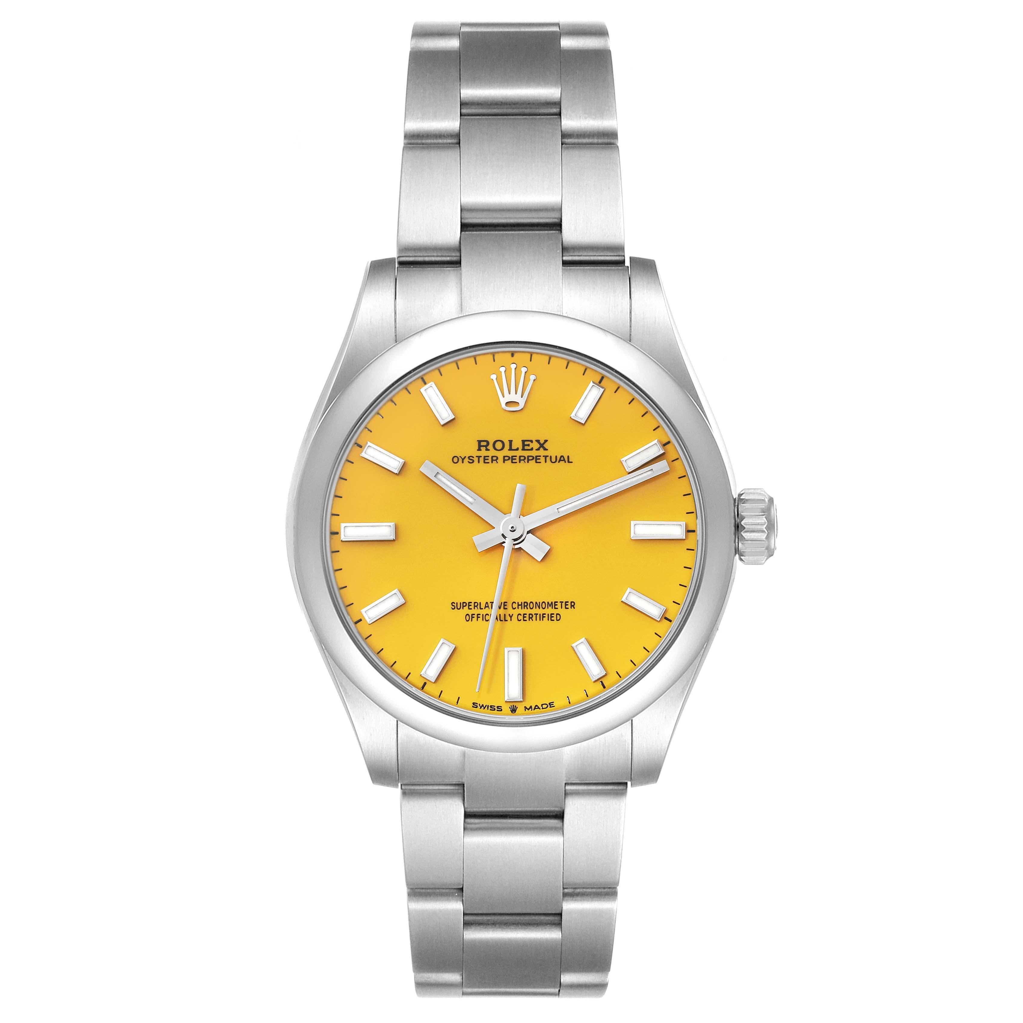 Rolex Oyster Perpetual Midsize Yellow Dial Steel Ladies Watch 277200 Box Card. Automatic self-winding movement. Stainless steel oyster case 31.0 mm in diameter. Rolex logo on a crown. Stainless steel smooth bezel. Scratch resistant sapphire crystal.
