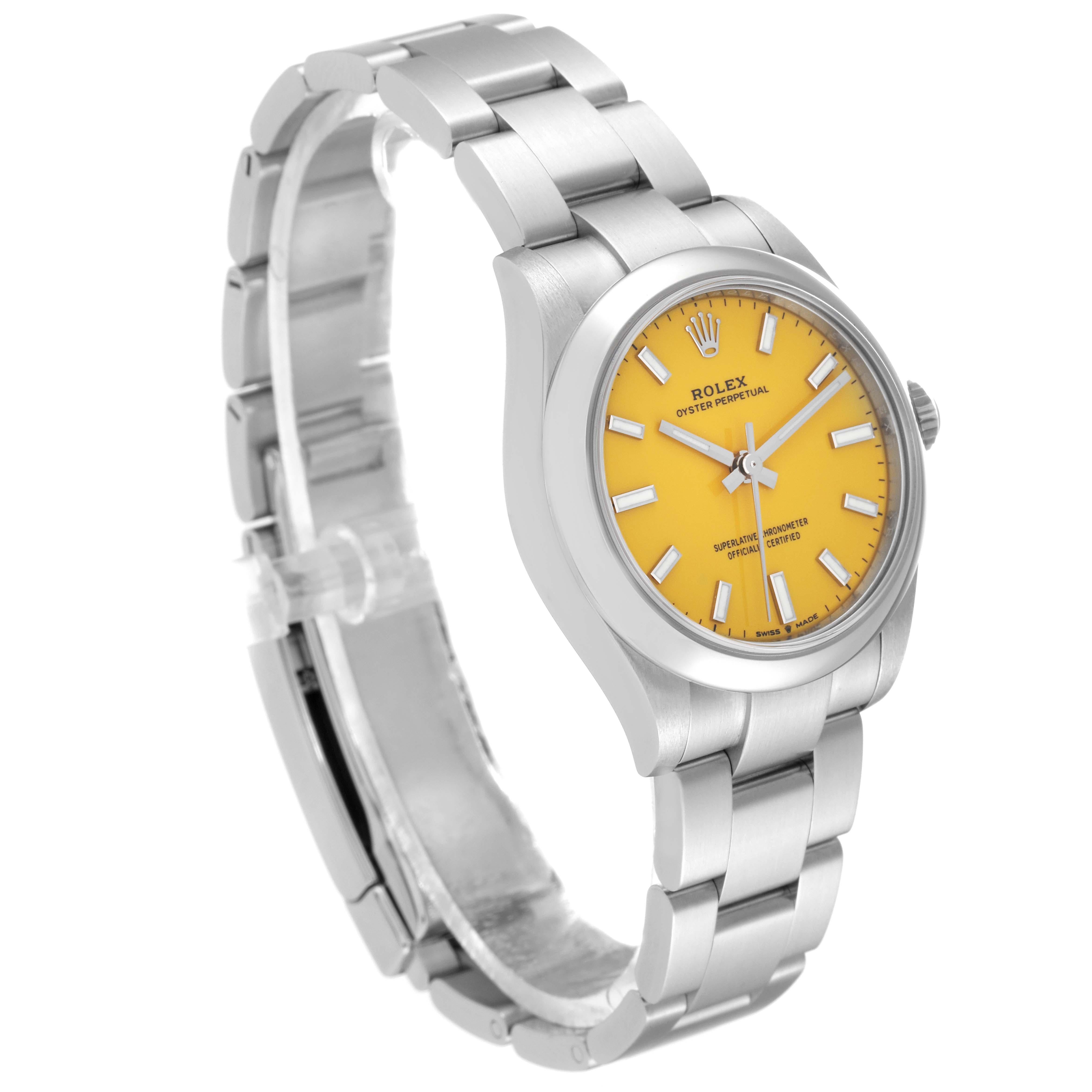 Rolex Oyster Perpetual Midsize Yellow Dial Steel Ladies Watch 277200 Box Card In Excellent Condition For Sale In Atlanta, GA