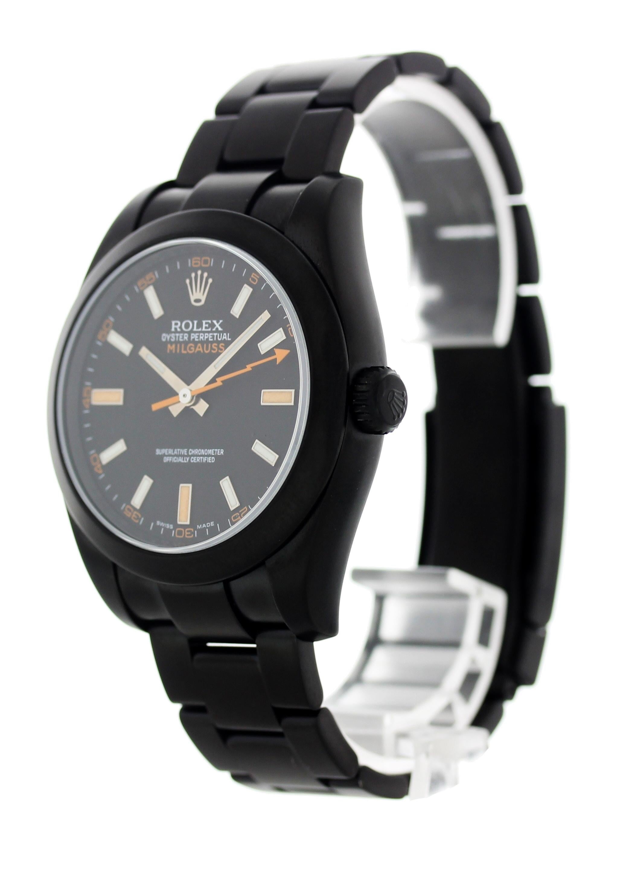 Men's Rolex Oyster Perpetual Milagauss. Stainless steel PVD finish 40 mm case with a stainless steel PVD finish bezel. Black dial with an orange range lightning bolt second hand, resistant to magnetic flux density of 1,000 gauss. Luminous hour and