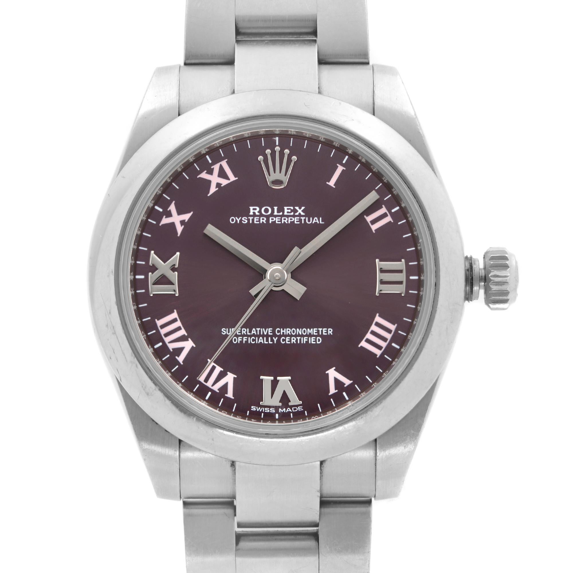 Pre-owned Rolex Oyster Perpetual No-Date 31 mm Steel Red Grape Dial Automatic Ladies Watch 177200GR. No Original Box and Papers are Included. Comes with Chronostore Presentation Box and Authenticity Card. Covered by 1-year Chronostore Warranty.