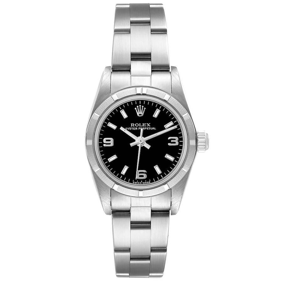 Rolex Oyster Perpetual Non-Date Black Dial Ladies Watch 76030. Officially certified chronometer self-winding movement. Stainless steel oyster case 24.0 mm in diameter. Rolex logo on the crown. Stainless steel engine turned bezel. Scratch resistant