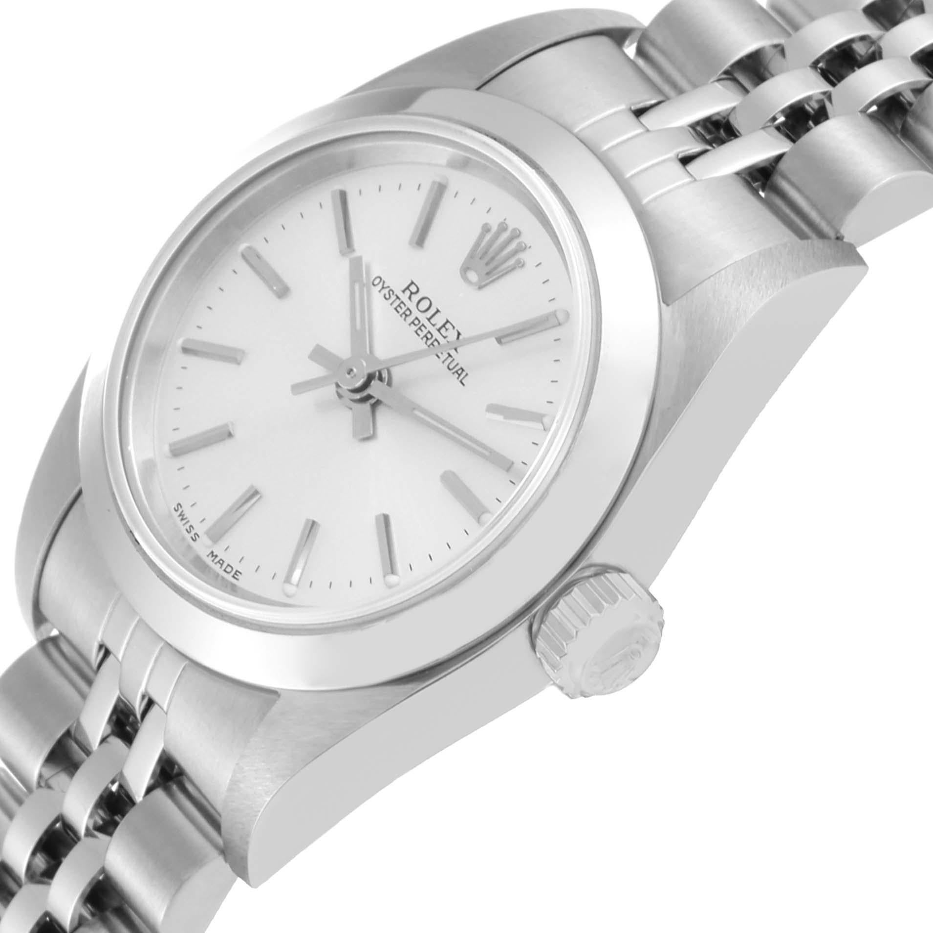 Rolex Oyster Perpetual Non-Date Silver Dial Steel Ladies Watch 76080 Box Papers. Officially certified chronometer automatic self-winding movement. Stainless steel oyster case 24 mm in diameter. Rolex logo on the crown. Stainless steel smooth bezel.