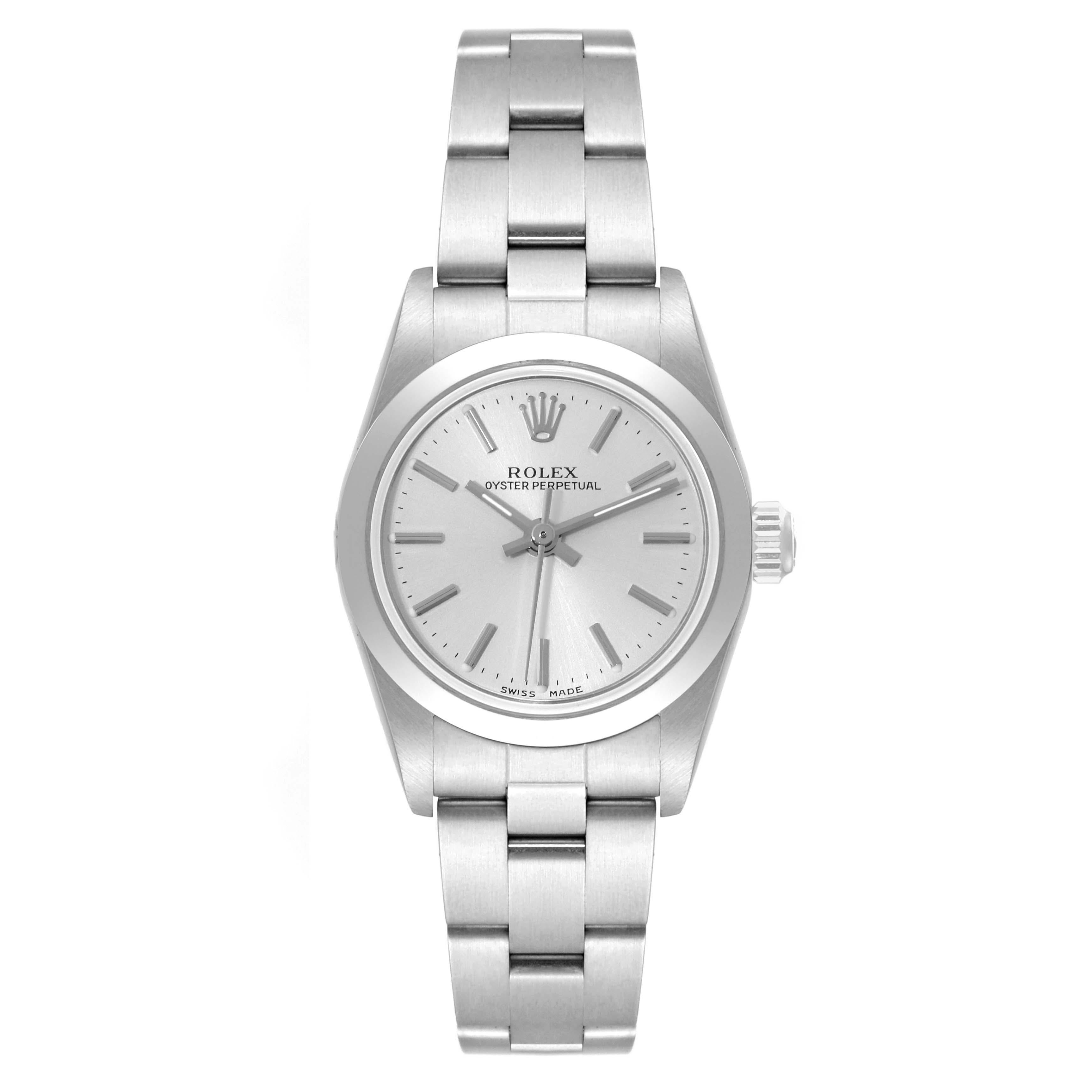 Rolex Oyster Perpetual Non-Date Silver Dial Steel Ladies Watch 76080. Officially certified chronometer automatic self-winding movement. Stainless steel oyster case 24 mm in diameter. Rolex logo on the crown. Stainless steel smooth bezel. Scratch