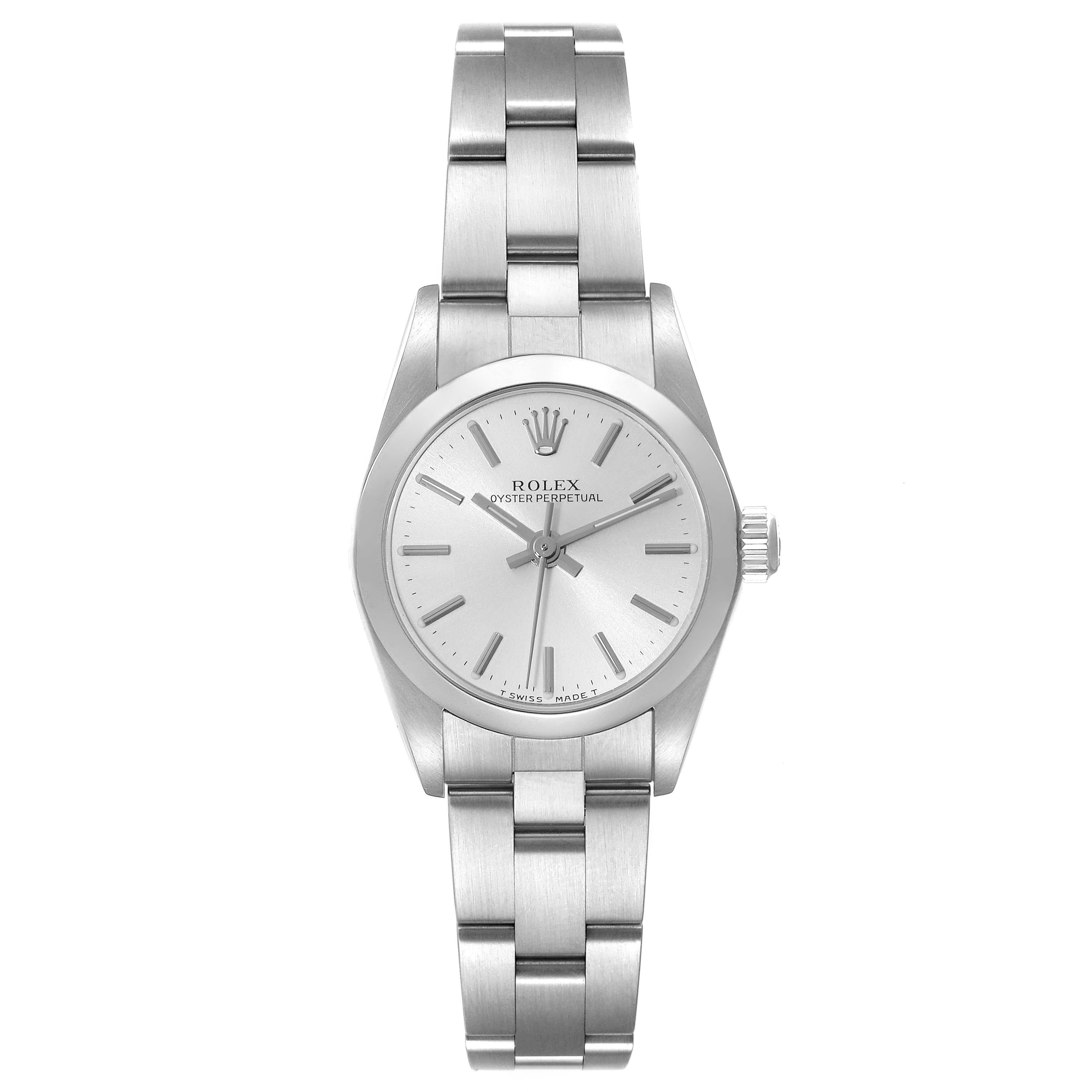 Rolex Oyster Perpetual Non-Date Steel Ladies Watch 76080 Box Papers. Officially certified chronometer automatic self-winding movement. Stainless steel oyster case 24 mm in diameter. Rolex logo on the crown. Stainless steel smooth bezel. Scratch