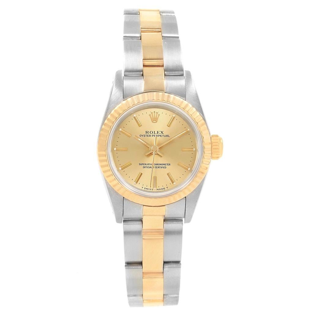 Rolex Oyster Perpetual Non Date Steel Yellow Gold Ladies Watch 67193 In Excellent Condition In Atlanta, GA