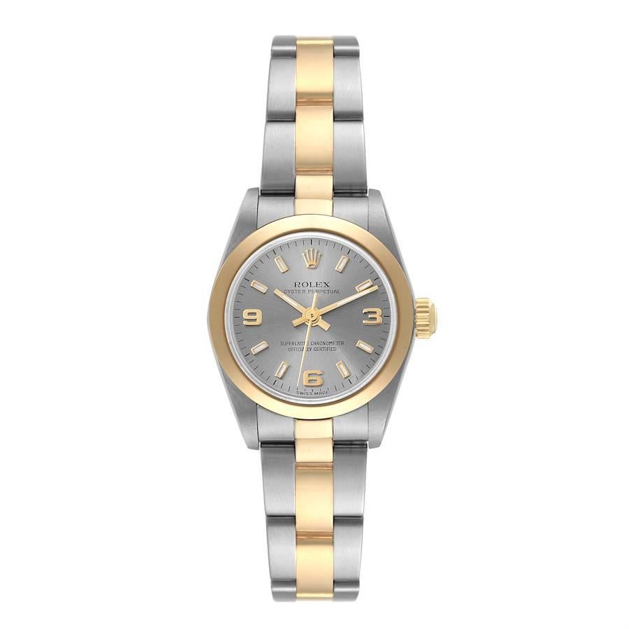 Rolex Oyster Perpetual Non-Date Steel Yellow Gold Ladies Watch 76183 Box Papers. Officially certified chronometer self-winding movement. Stainless steel oyster case 24.0 mm in diameter. Rolex logo on an 18k yellow gold crown. 18k yellow gold smooth