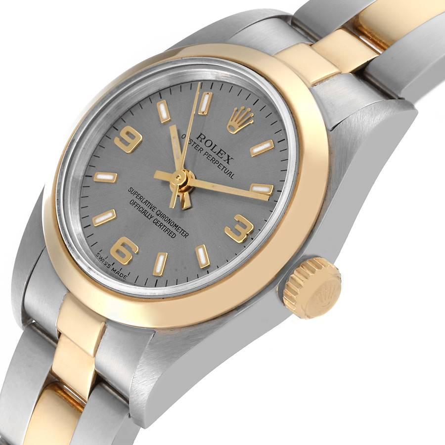 Rolex Oyster Perpetual Non-Date Steel Yellow Gold Ladies Watch 76183 Box Papers In Excellent Condition In Atlanta, GA
