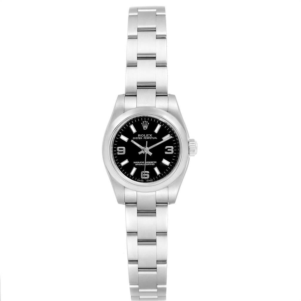 Rolex Oyster Perpetual Nondate Black Dial Ladies Watch 176200 Box Card. Officially certified chronometer self-winding movement. Stainless steel oyster case 24 mm in diameter. Rolex logo on a crown. Stainless steel smooth domed bezel. Scratch