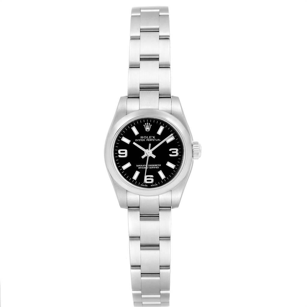 Rolex Oyster Perpetual Nondate Black Dial Ladies Watch 176200. Officially certified chronometer self-winding movement. Stainless steel oyster case 24 mm in diameter. Rolex logo on a crown. Stainless steel smooth domed bezel. Scratch resistant