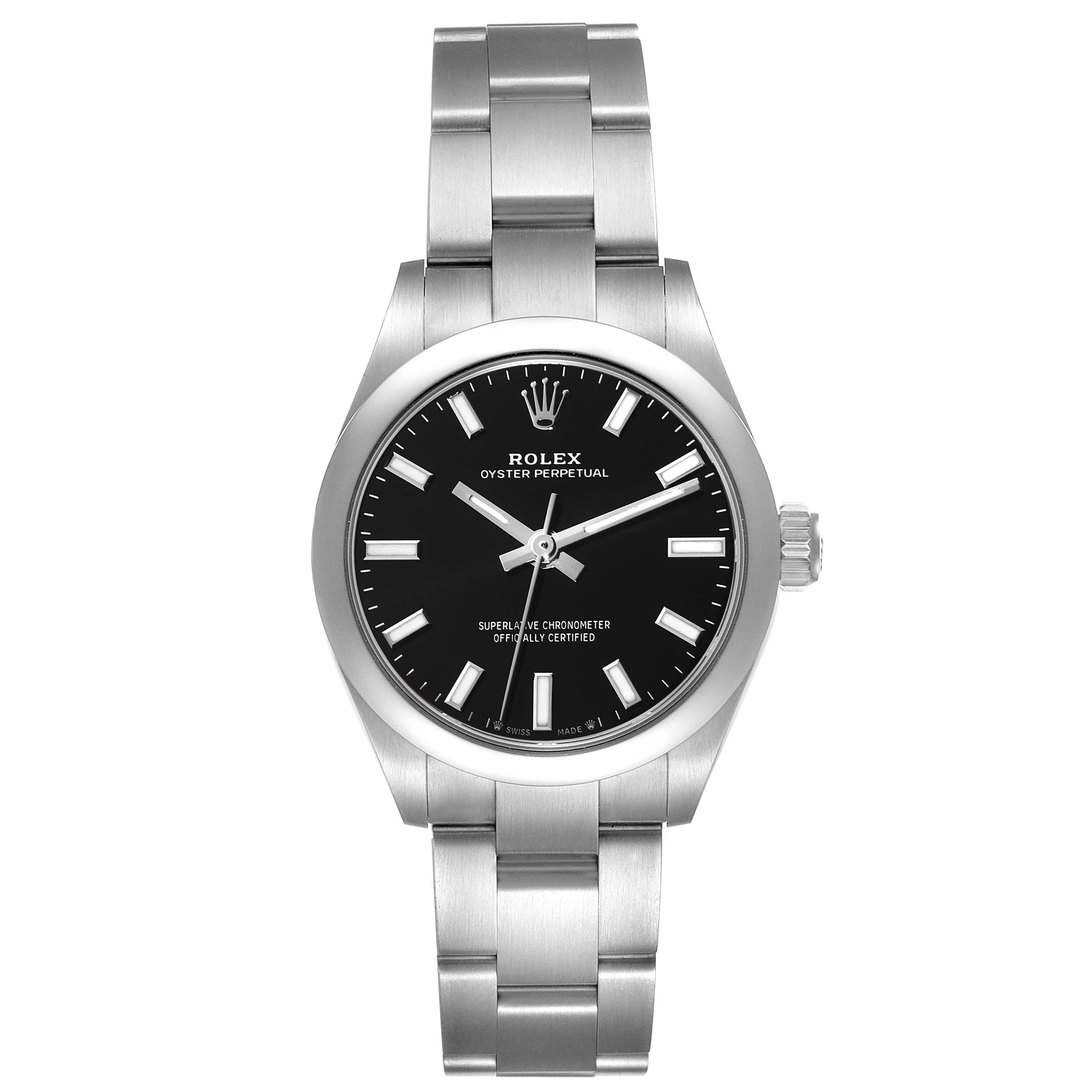 Rolex Oyster Perpetual Nondate Black Dial Steel Ladies Watch 276200 Box Card. Officially certified chronometer self-winding movement. Stainless steel oyster case 28 mm in diameter. Rolex logo on a crown. Stainless steel smooth domed bezel. Scratch