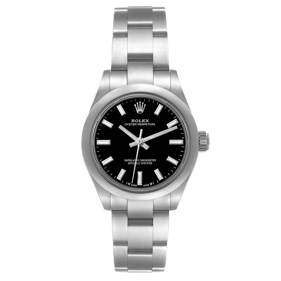 Rolex Oyster Perpetual Nondate Black Dial Steel Ladies Watch 276200 Unworn. Officially certified chronometer self-winding movement. Stainless steel oyster case 28 mm in diameter. Rolex logo on a crown. Stainless steel smooth domed bezel. Scratch
