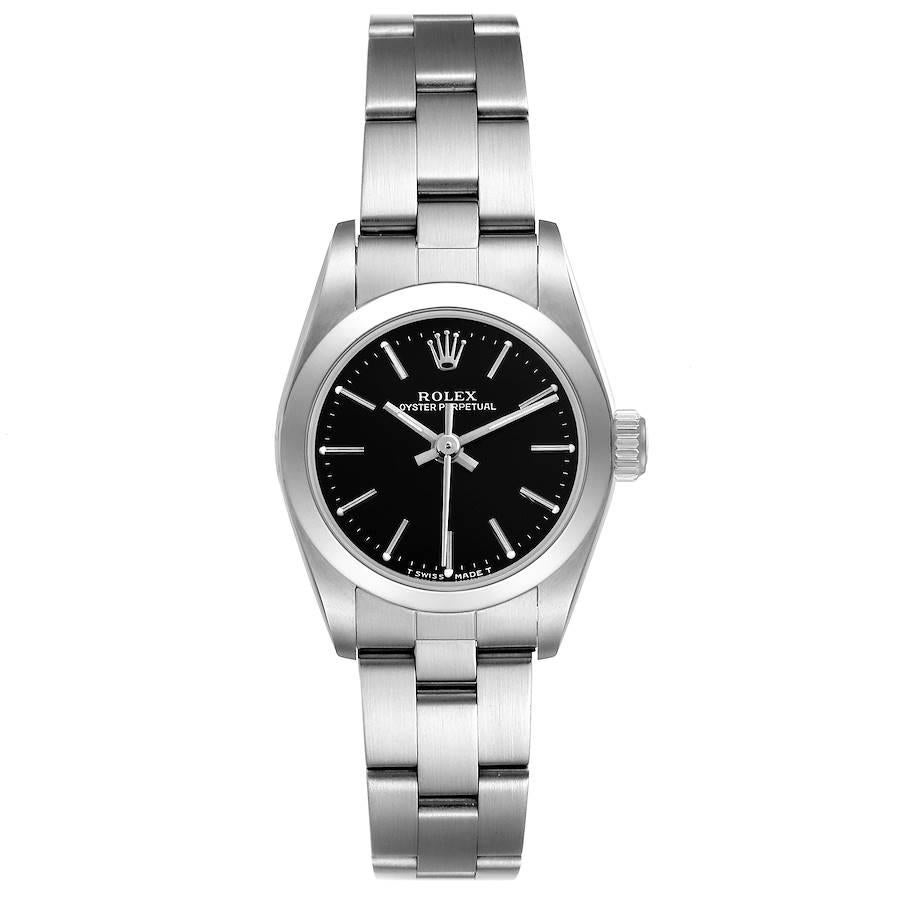 Rolex Oyster Perpetual Nondate Black Dial Steel Ladies Watch 67180. Officially certified chronometer self-winding movement. Stainless steel oyster case 24.0 mm in diameter. Rolex logo on a crown. Stainless steel smooth domed bezel. Scratch resistant