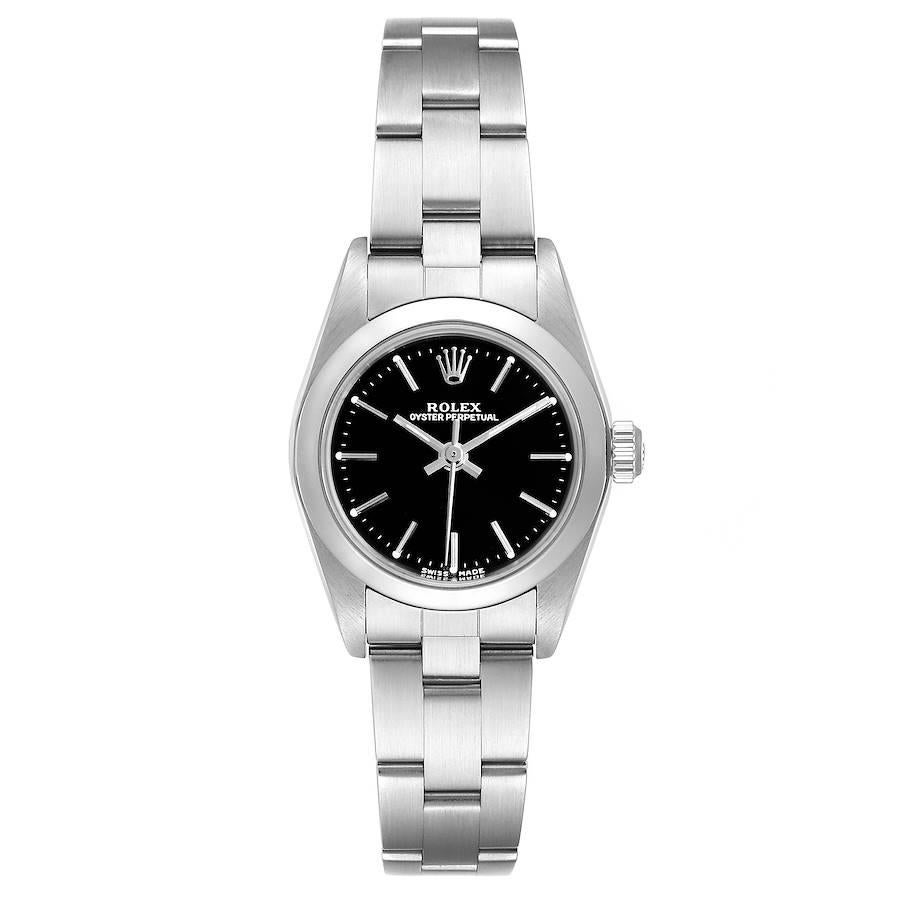 Rolex Oyster Perpetual Nondate Black Dial Steel Ladies Watch 76080. Officially certified chronometer self-winding movement. Stainless steel oyster case 24.0 mm in diameter. Rolex logo on a crown. Stainless steel smooth domed bezel. Scratch resistant