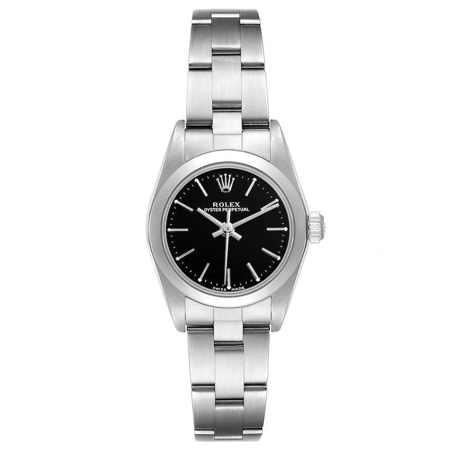 Rolex Oyster Perpetual Nondate Black Dial Steel Ladies Watch 76080. Officially certified chronometer self-winding movement. Stainless steel oyster case 24.0 mm in diameter. Rolex logo on a crown. Stainless steel smooth domed bezel. Scratch resistant