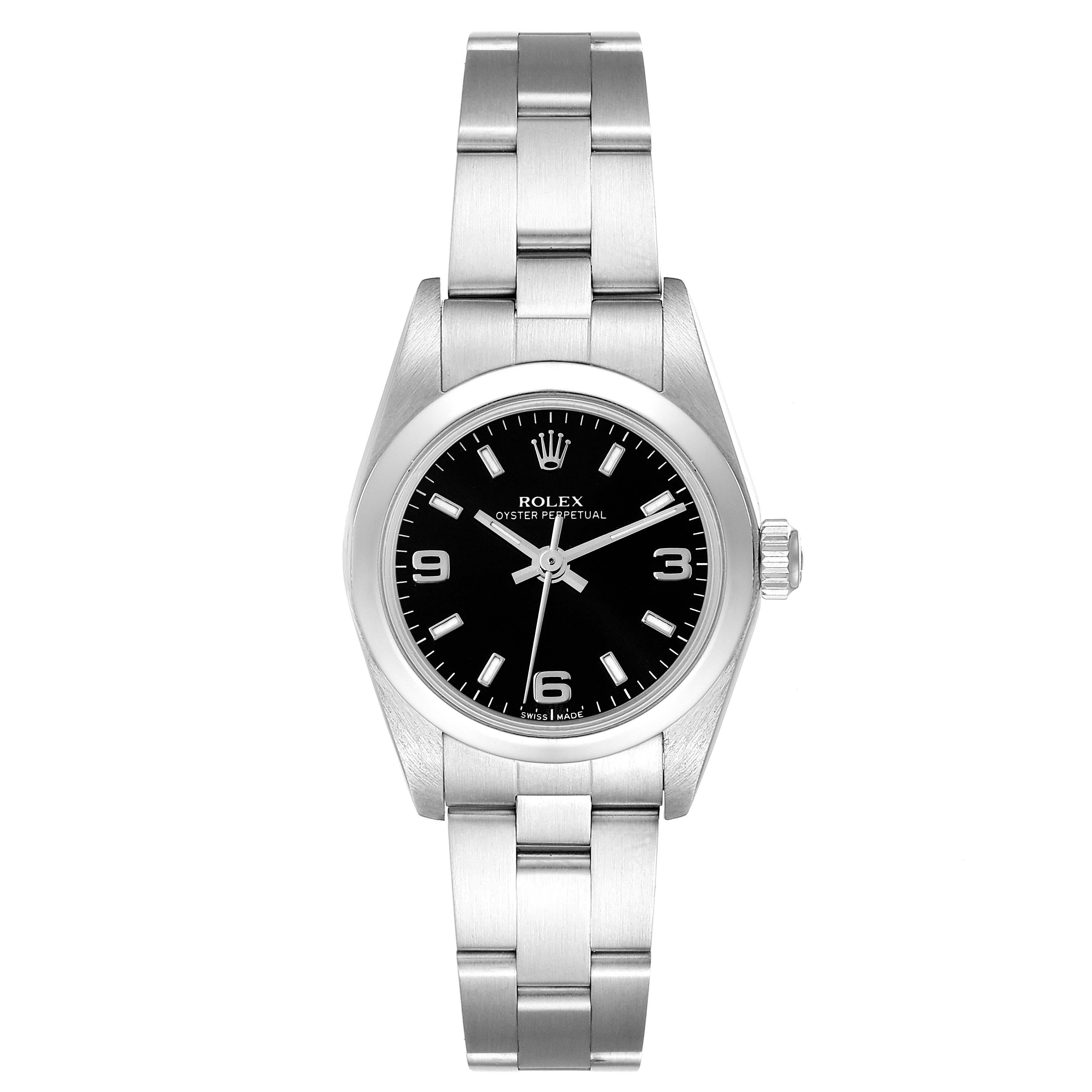 Rolex Oyster Perpetual Nondate Black Dial Steel Ladies Watch 76080. Officially certified chronometer automatic self-winding movement. Stainless steel oyster case 24.0 mm in diameter. Rolex logo on a crown. Stainless steel smooth domed bezel. Scratch