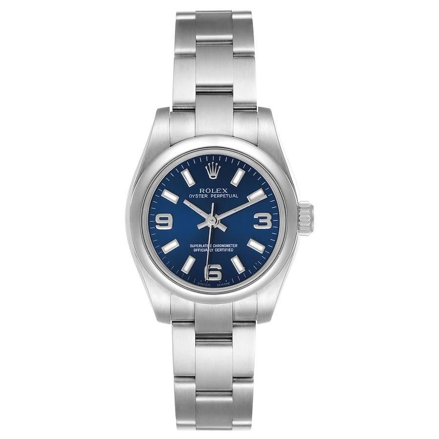 Rolex Oyster Perpetual Nondate Blue Dial Domed Bezel Watch 176200 Box Card. Officially certified chronometer self-winding movement. Stainless steel oyster case 24 mm in diameter. Rolex logo on a crown. Stainless steel smooth domed bezel. Scratch