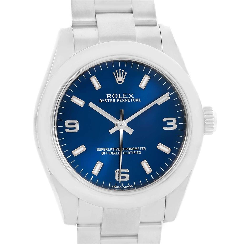 Rolex Oyster Perpetual Nondate Blue Dial Ladies Watch 176200 . Automatic self-winding movement. Stainless steel oyster case 24.0 mm in diameter. Rolex logo on a crown. Stainless steel smooth domed bezel. Scratch resistant sapphire crystal. Blue dial