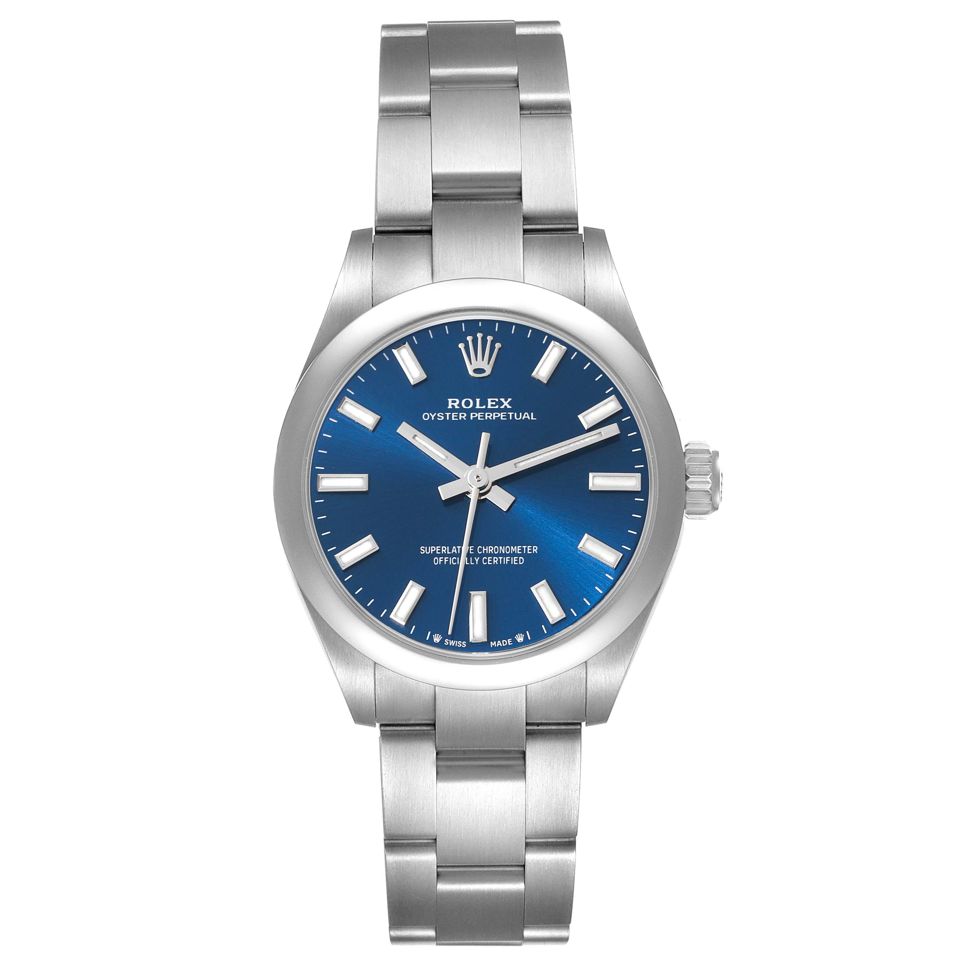 Rolex Oyster Perpetual Nondate Blue Dial Steel Ladies Watch 276200 Box Card. Officially certified chronometer self-winding movement. Stainless steel oyster case 28 mm in diameter. Rolex logo on a crown. Stainless steel smooth domed bezel. Scratch
