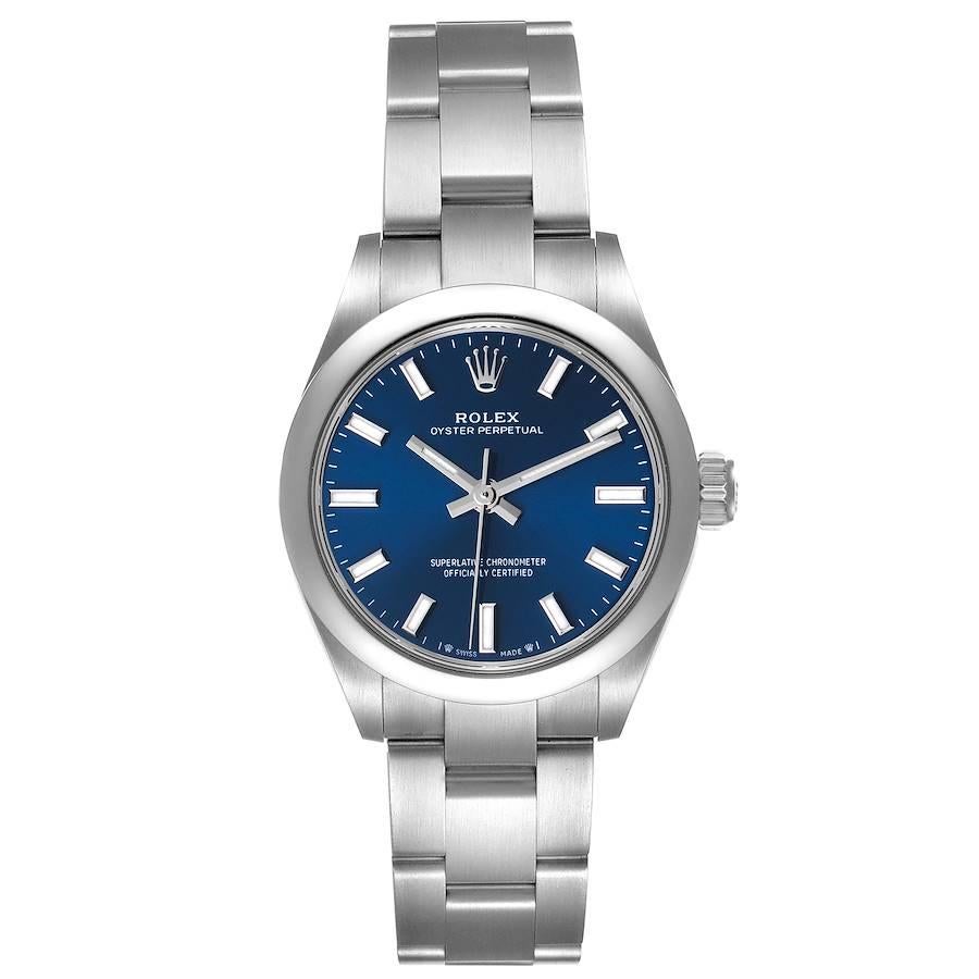 Rolex Oyster Perpetual Nondate Blue Dial Steel Ladies Watch 276200 Unworn. Officially certified chronometer self-winding movement. Stainless steel oyster case 28 mm in diameter. Rolex logo on a crown. Stainless steel smooth domed bezel. Scratch