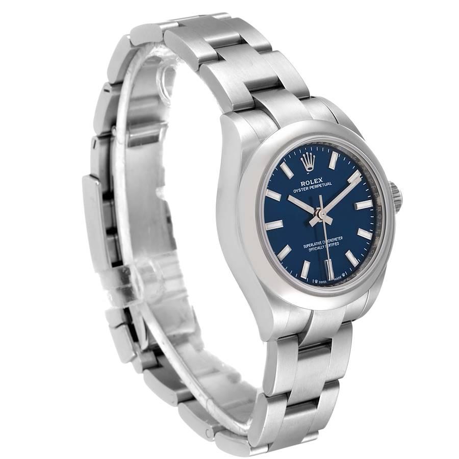 Rolex Oyster Perpetual Nondate Blue Dial Steel Ladies Watch 276200 Unworn In Excellent Condition For Sale In Atlanta, GA