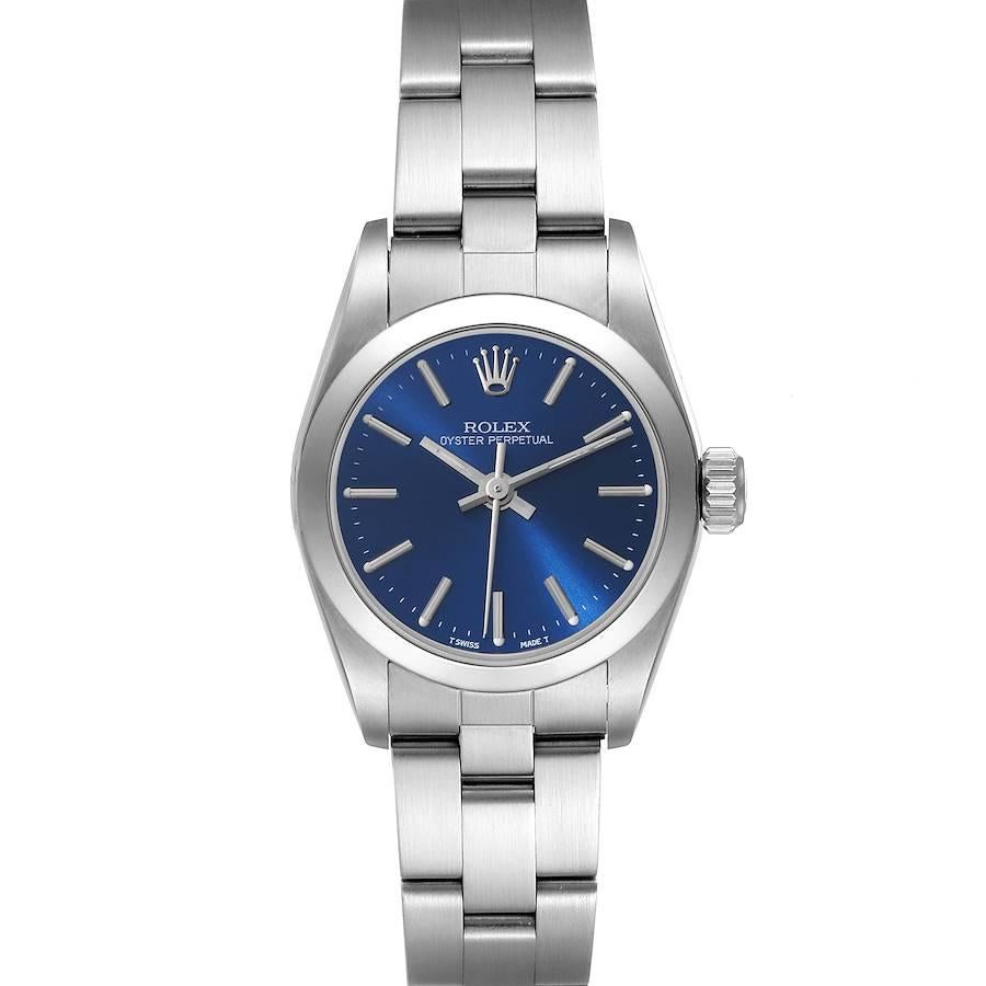 Rolex Oyster Perpetual Nondate Blue Dial Steel Ladies Watch 67180. Officially certified chronometer automatic self-winding movement. Stainless steel oyster case 24.0 mm in diameter. Rolex logo on the crown. Stainless steel smooth bezel. Scratch