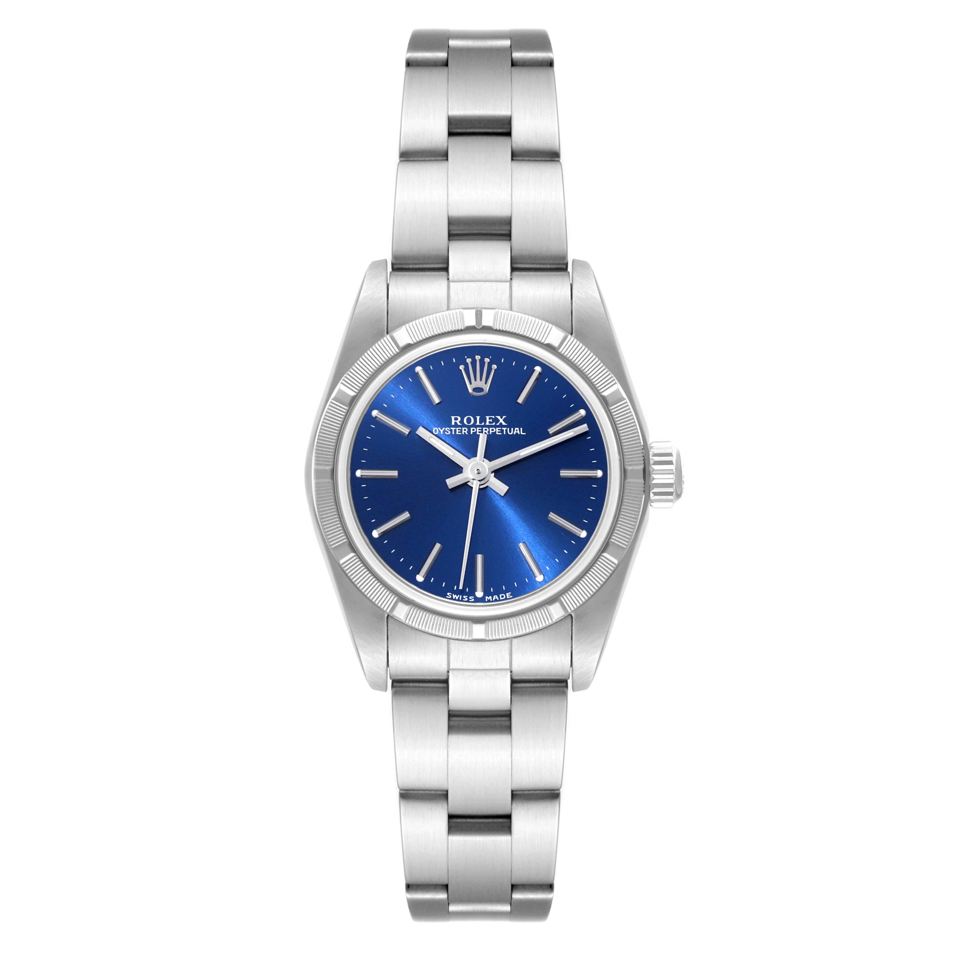 Rolex Oyster Perpetual NonDate Blue Dial Steel Ladies Watch 76030. Officially certified chronometer automatic self-winding movement. Stainless steel oyster case 24.0 mm in diameter. Rolex logo on a crown. Stainless steel engine turned bezel. Scratch