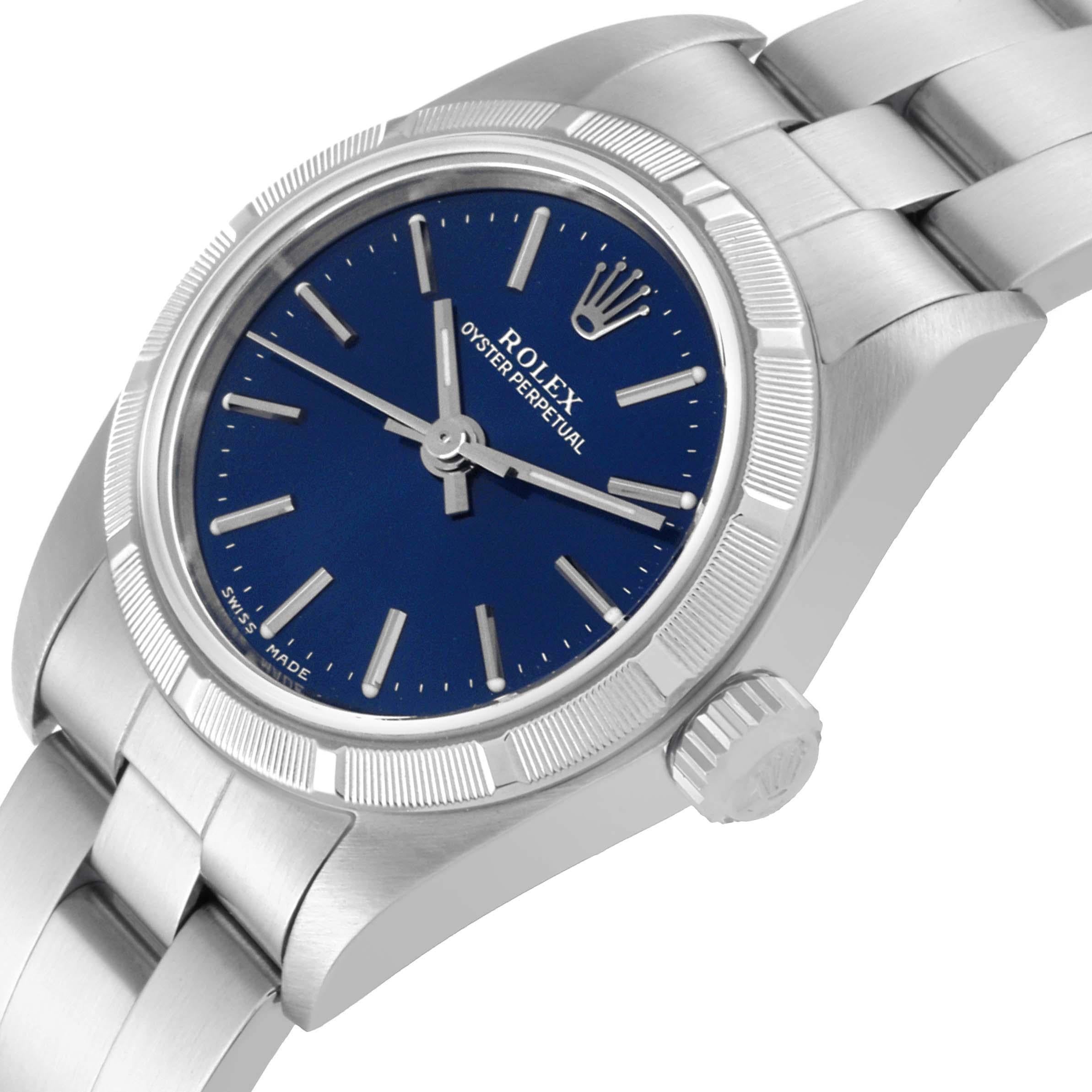 Rolex Oyster Perpetual NonDate Blue Dial Steel Ladies Watch 76030 In Excellent Condition For Sale In Atlanta, GA