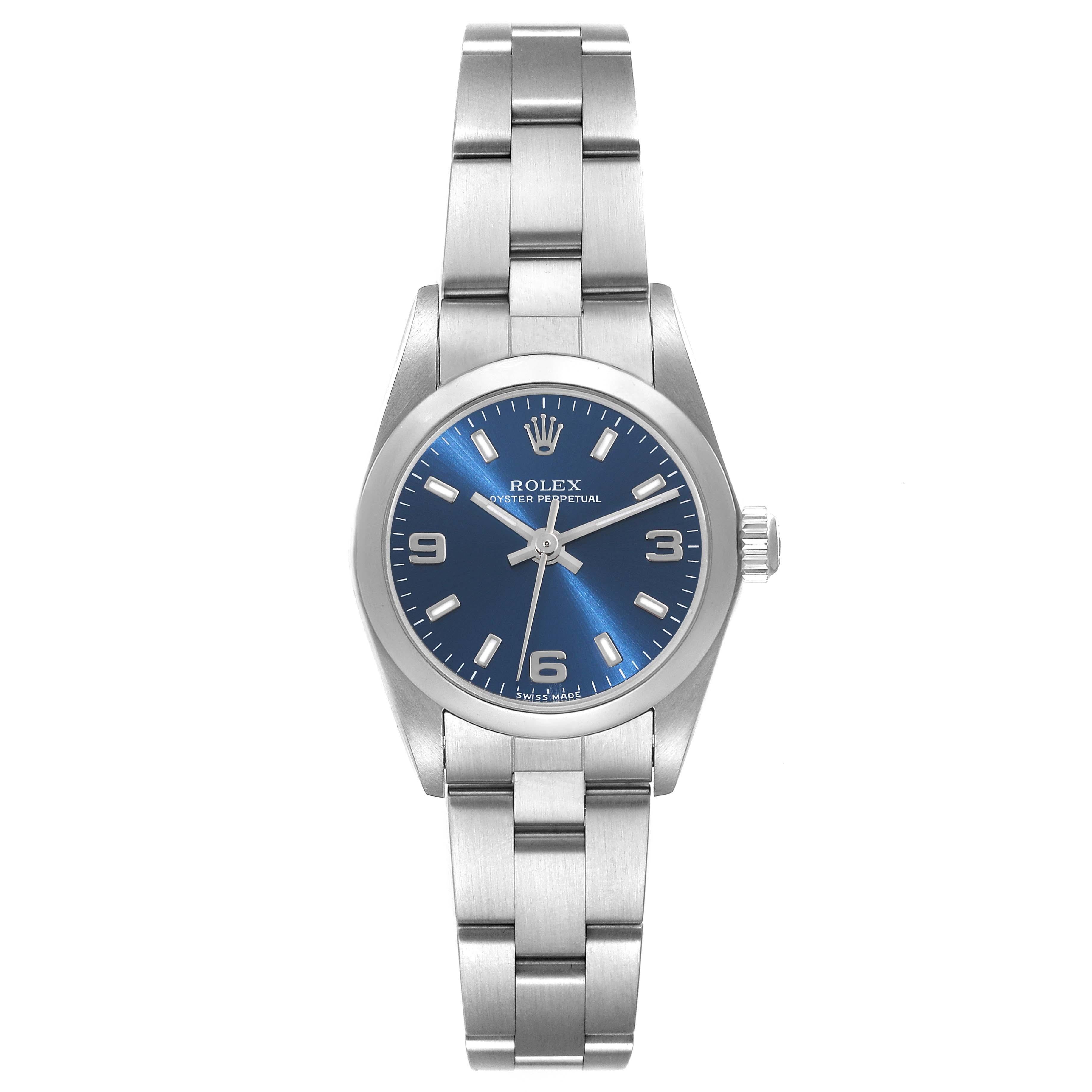 Rolex Oyster Perpetual Nondate Blue Dial Steel Ladies Watch 76080. Officially certified chronometer self-winding movement. Stainless steel oyster case 24.0 mm in diameter. Rolex logo on a crown. Stainless steel smooth domed bezel. Scratch resistant