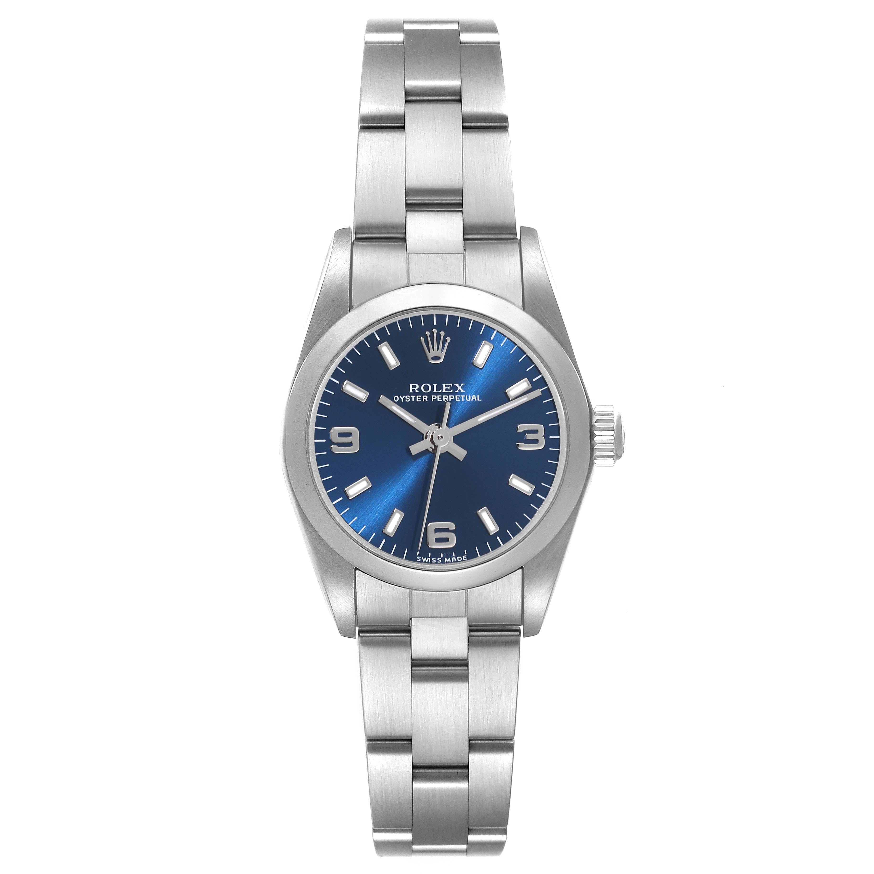 Rolex Oyster Perpetual Nondate Blue Dial Steel Ladies Watch 76080. Officially certified chronometer automatic self-winding movement. Stainless steel oyster case 24.0 mm in diameter. Rolex logo on a crown. Stainless steel smooth domed bezel. Scratch