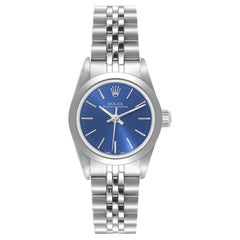 Rolex Oyster Perpetual Nondate Ladies Blue Dial Steel Watch 67180 Box Papers
