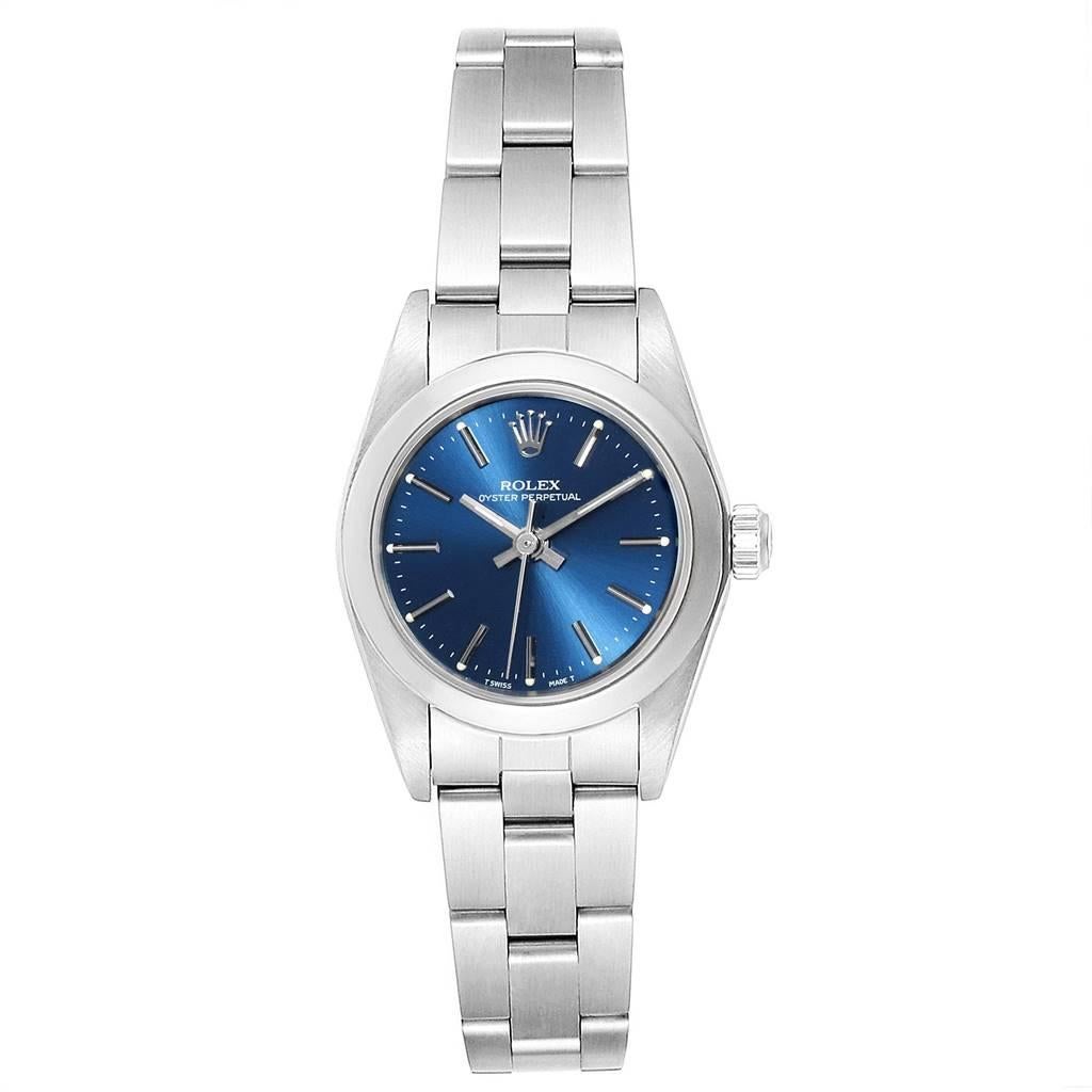 Rolex Oyster Perpetual Nondate Ladies Steel Blue Dial Watch 67180. Officially certified chronometer self-winding movement. Stainless steel oyster case 24.0 mm in diameter. Rolex logo on a crown. Stainless steel smooth domed bezel. Scratch resistant