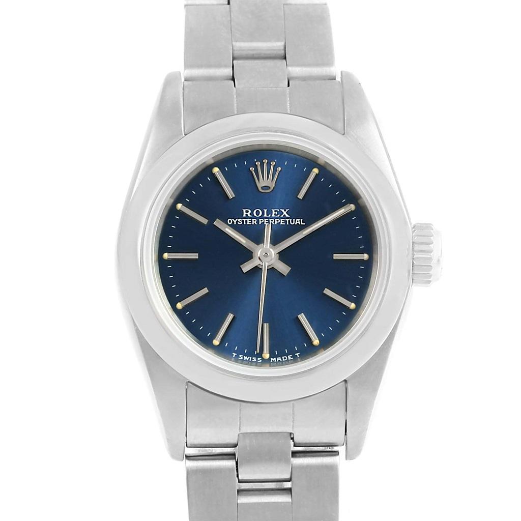 Rolex Oyster Perpetual Nondate Ladies Steel Blue Dial Watch 67180 In Excellent Condition For Sale In Atlanta, GA