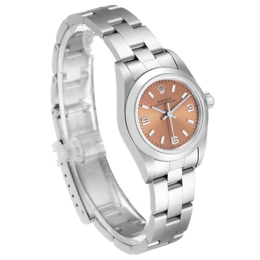Rolex Oyster Perpetual Nondate Ladies Steel Salmon Dial Watch 67180 In Excellent Condition For Sale In Atlanta, GA