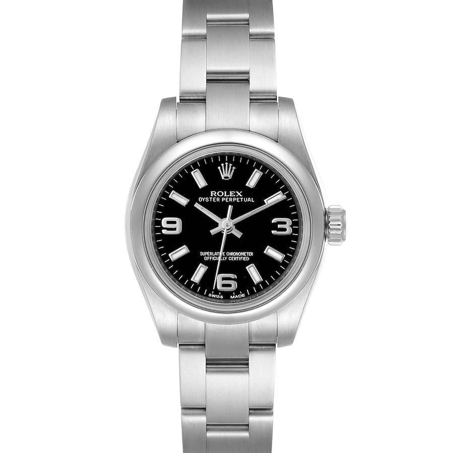 Rolex Oyster Perpetual Nondate Oyster Bracelet Ladies Watch 176200 Box Card. Officially certified chronometer self-winding movement. Stainless steel oyster case 24 mm in diameter. Rolex logo on a crown. Stainless steel smooth domed bezel. Scratch