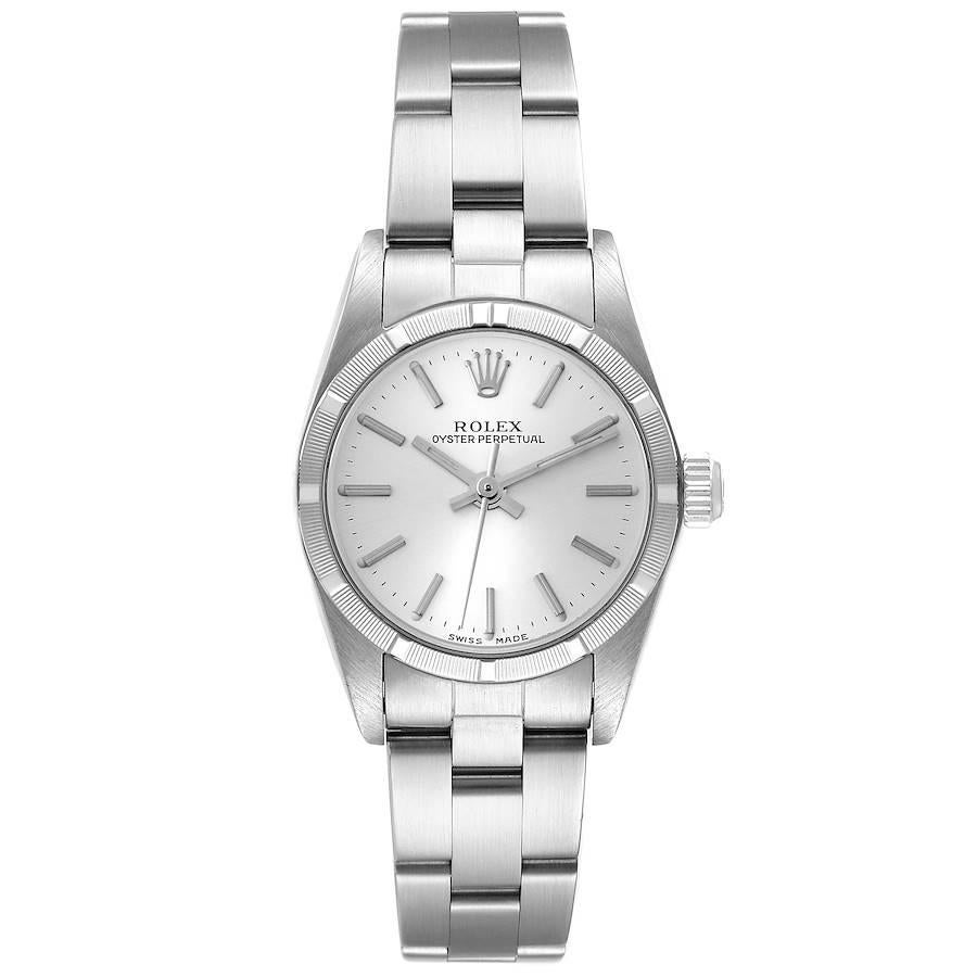 Rolex Oyster Perpetual NonDate Silver Dial Ladies Watch 76030. Officially certified chronometer self-winding movement. Stainless steel oyster case 24.0 mm in diameter. Rolex logo on the crown. Stainless steel engine turned bezel. Scratch resistant