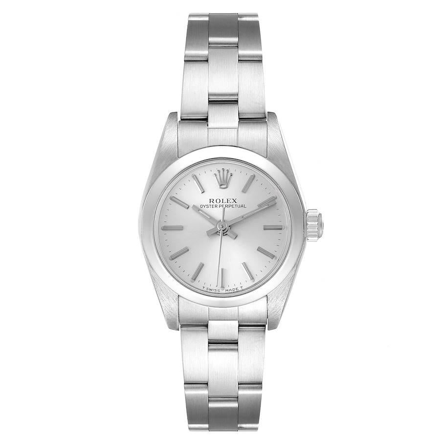 Rolex Oyster Perpetual Nondate Silver Dial Ladies Watch 76080. Officially certified chronometer self-winding movement. Stainless steel oyster case 24 mm in diameter. Rolex logo on a crown. Stainless steel smooth domed bezel. Scratch resistant