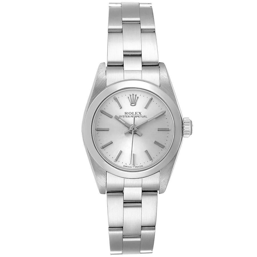 Rolex Oyster Perpetual Nondate Silver Dial Ladies Watch 76080. Officially certified chronometer self-winding movement. Stainless steel oyster case 24 mm in diameter. Rolex logo on a crown. Stainless steel smooth domed bezel. Scratch resistant