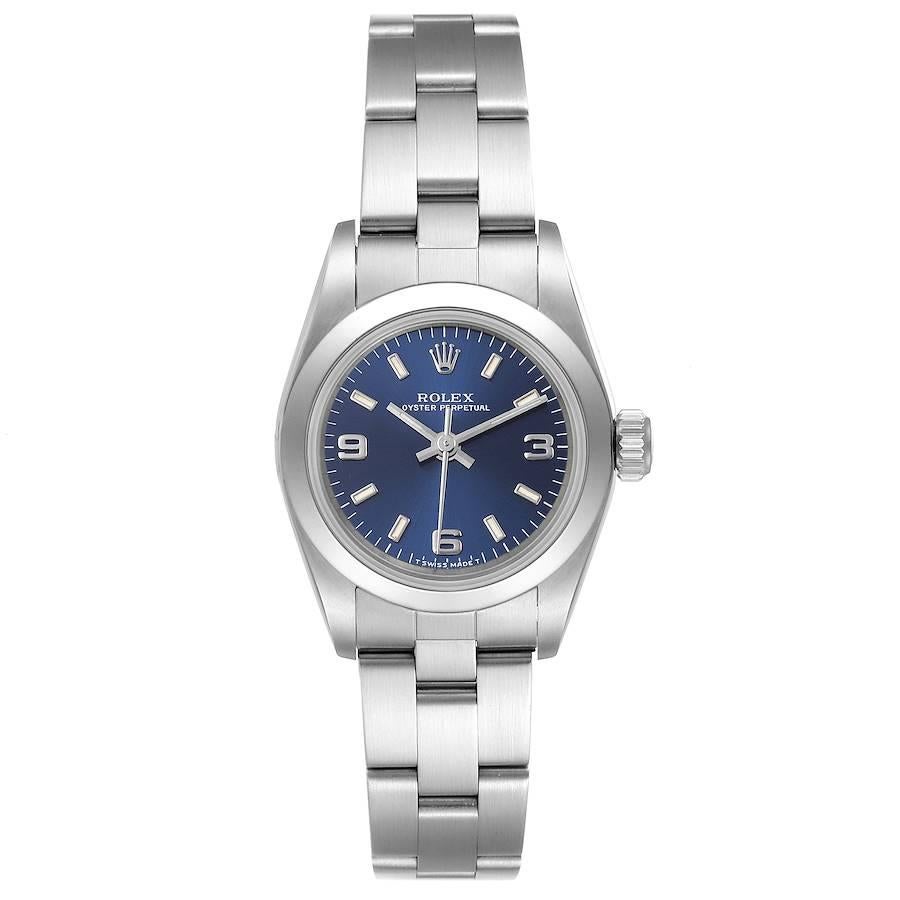 Rolex Oyster Perpetual Nondate Steel Blue Dial Ladies Watch 67180. Officially certified chronometer self-winding movement. Stainless steel oyster case 24.0 mm in diameter. Rolex logo on a crown. Stainless steel smooth domed bezel. Scratch resistant