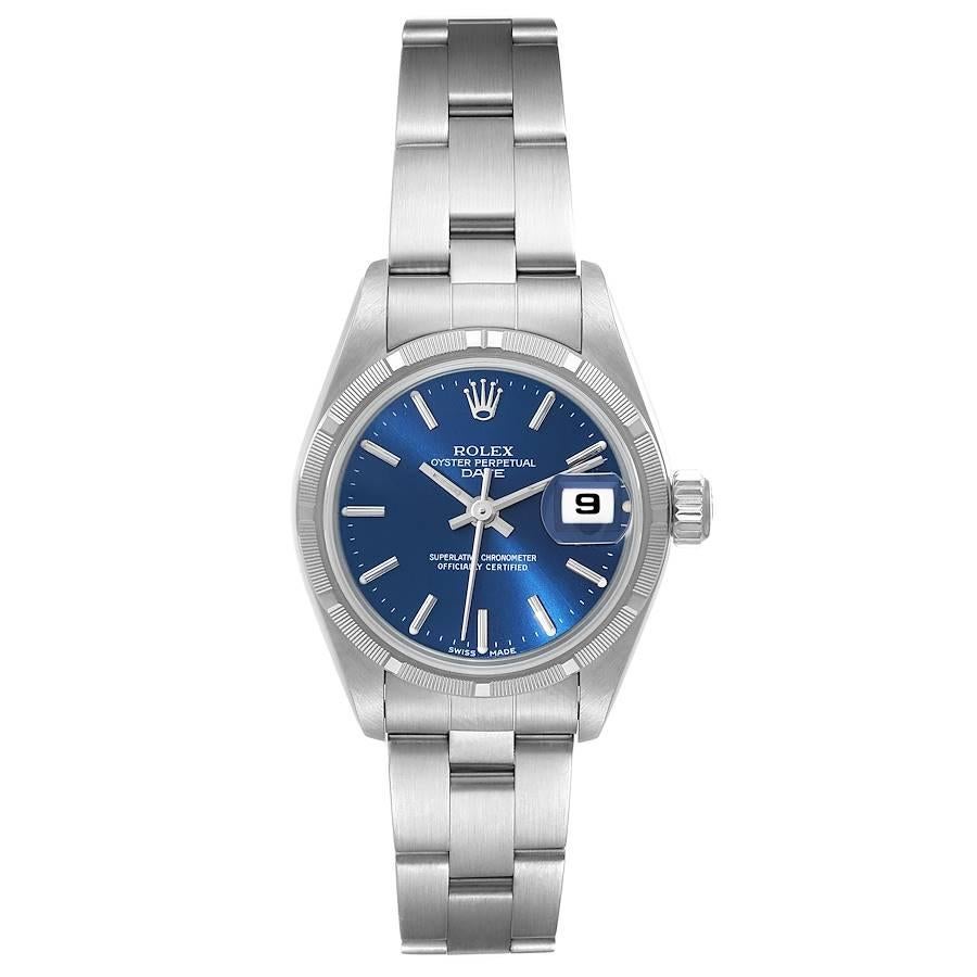 Rolex Oyster Perpetual Nondate Stahl blaues Zifferblatt Damenuhr 69190. Offiziell zertifiziertes Chronometerwerk mit automatischem Aufzug. Austerngehäuse aus Edelstahl mit einem Durchmesser von 26.0 mm. Rolex Logo auf einer Krone. Gedrehte Lünette