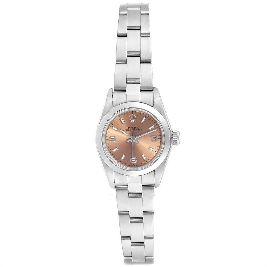 Rolex Oyster Perpetual Nondate Steel Ladies Watch 67180 Box Papers. Officially certified chronometer self-winding movement. Stainless steel oyster case 24.0 mm in diameter. Rolex logo on a crown. Stainless steel smooth domed bezel. Scratch resistant