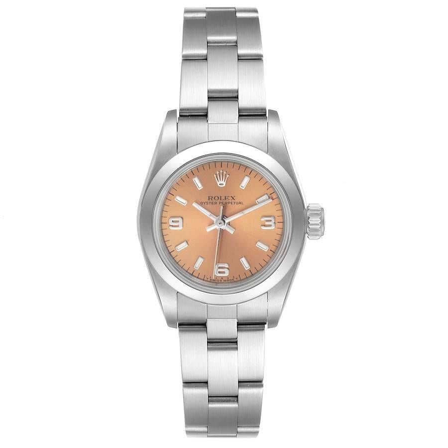 Rolex Oyster Perpetual Nondate Steel Salmon Dial Ladies Watch 67180. Officially certified chronometer self-winding movement. Stainless steel oyster case 24.0 mm in diameter. Rolex logo on a crown. Stainless steel smooth domed bezel. Scratch