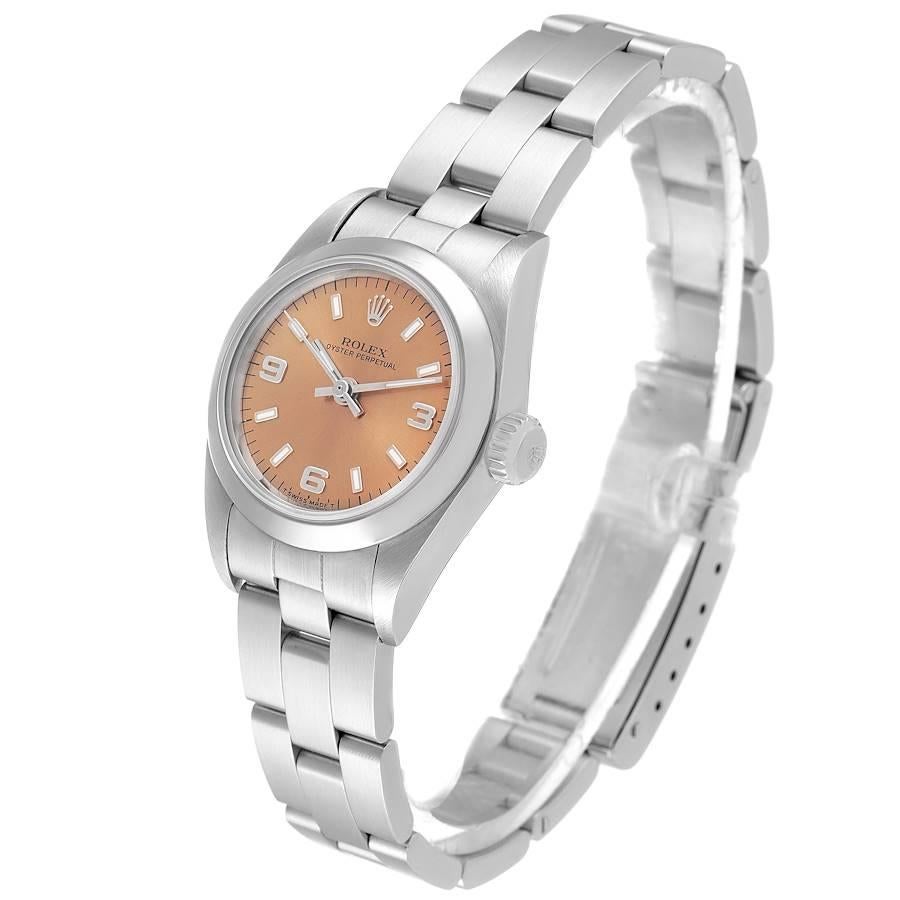 Rolex Oyster Perpetual Nondate Steel Salmon Dial Ladies Watch 67180 In Excellent Condition For Sale In Atlanta, GA