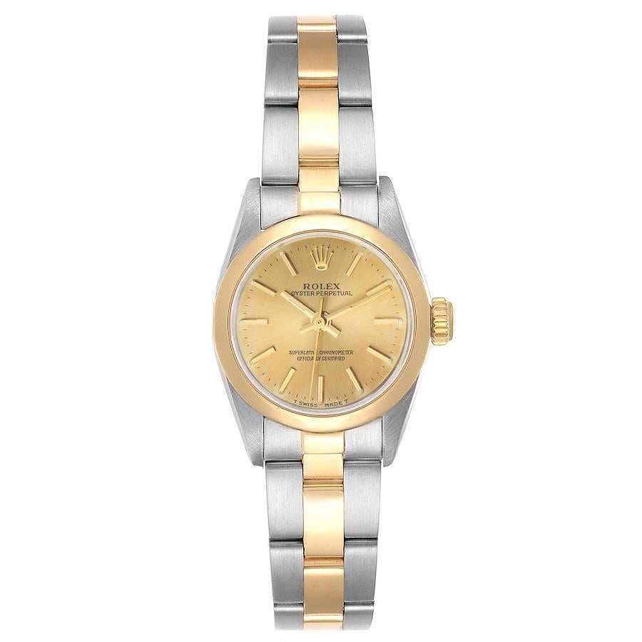 Rolex Oyster Perpetual NonDate Steel Yellow Gold Ladies Watch 67183. Officially certified chronometer self-winding movement. Stainless steel oyster case 24.0 mm in diameter. Rolex logo on a 18k yellow gold crown. 18k yellow gold smooth bezel.